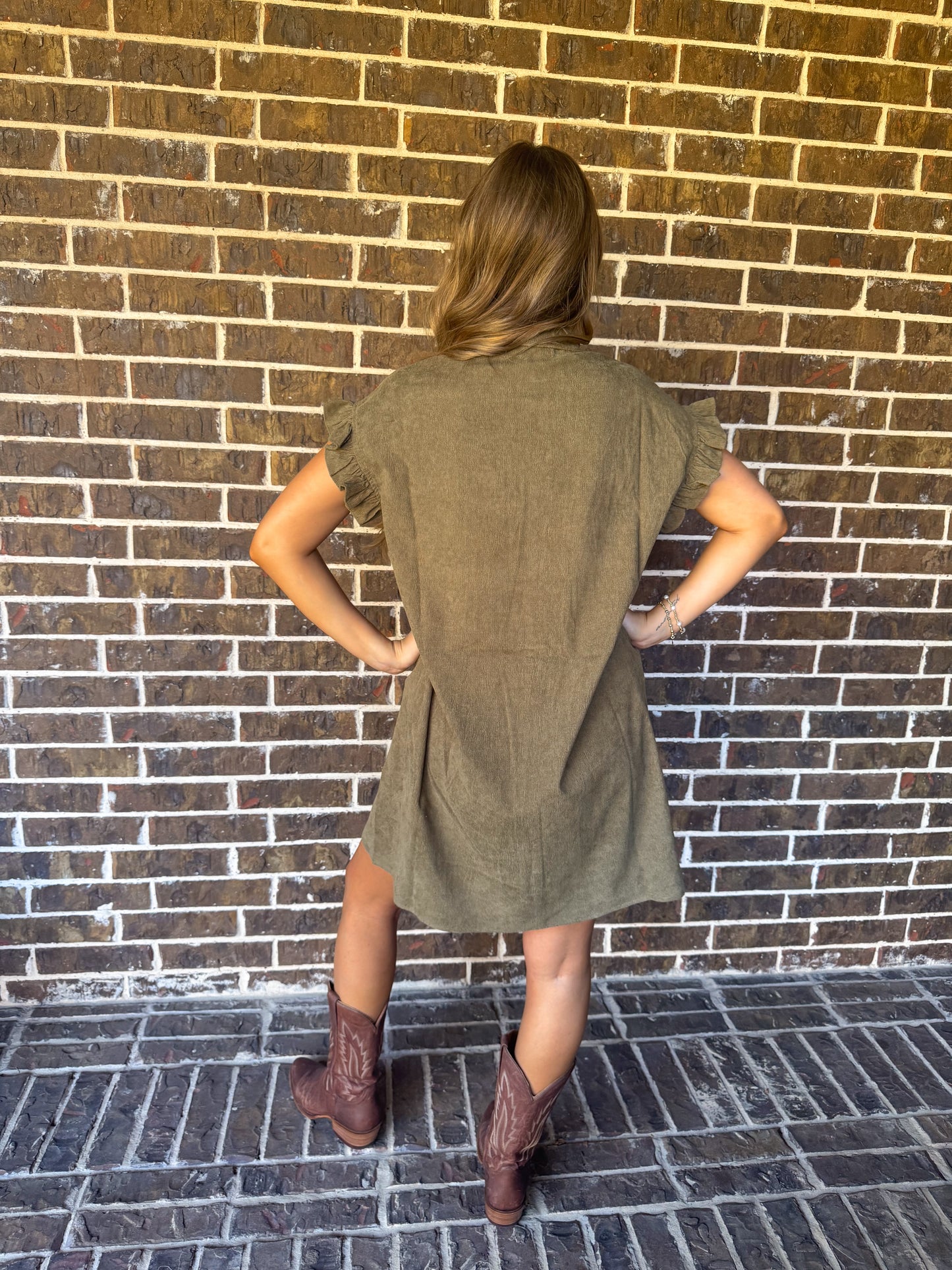 Olive Corduroy Button-Up Dress