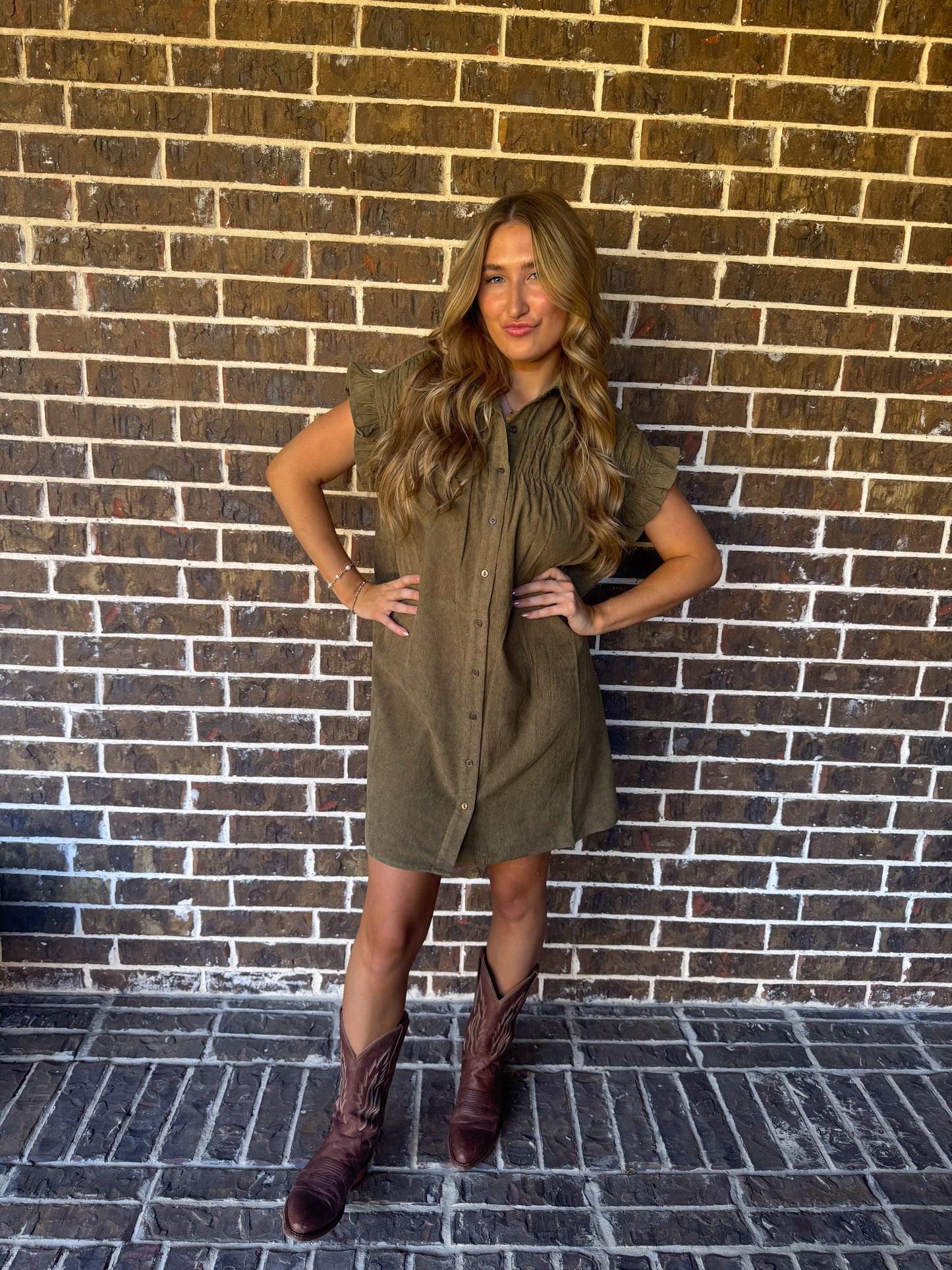 Olive Corduroy Button-Up Dress