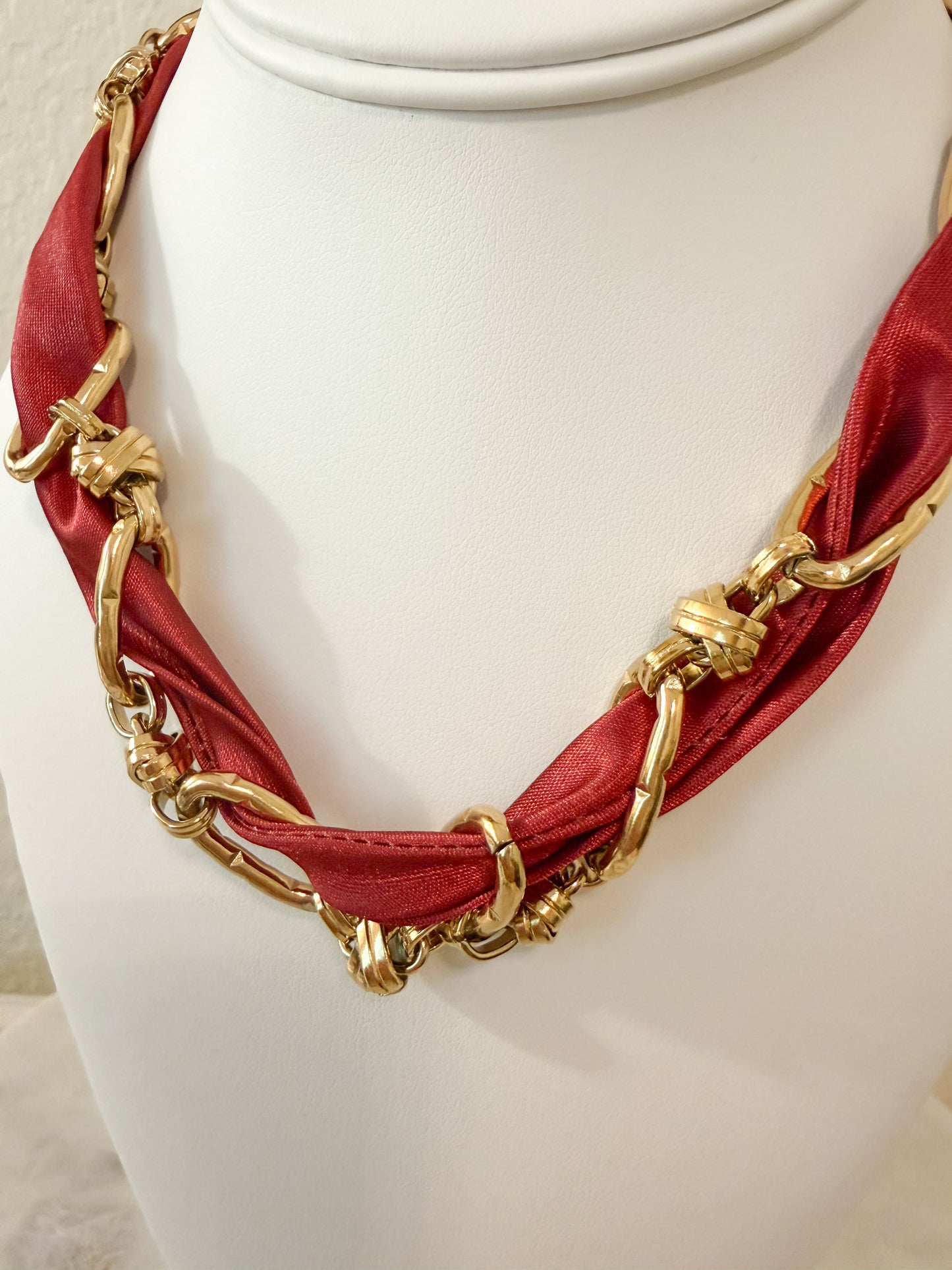 Maroon Scarf Chain Necklace with Gold Links