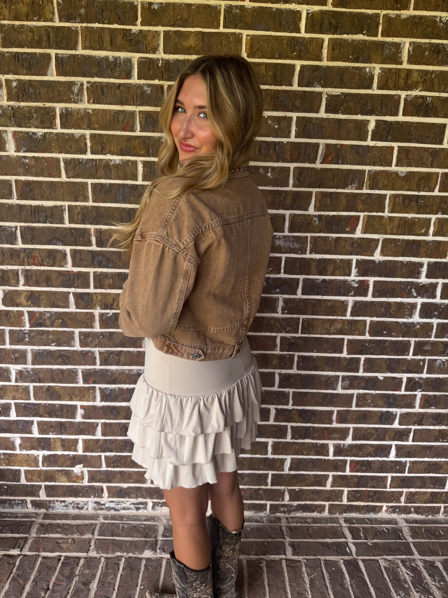 Studded Brown Cropped Denim Jacket