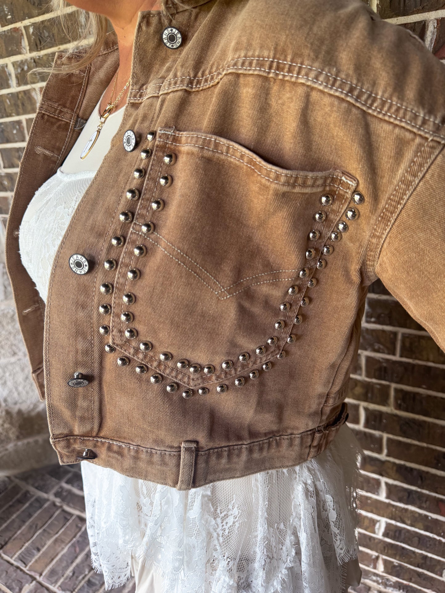 Studded Brown Cropped Denim Jacket