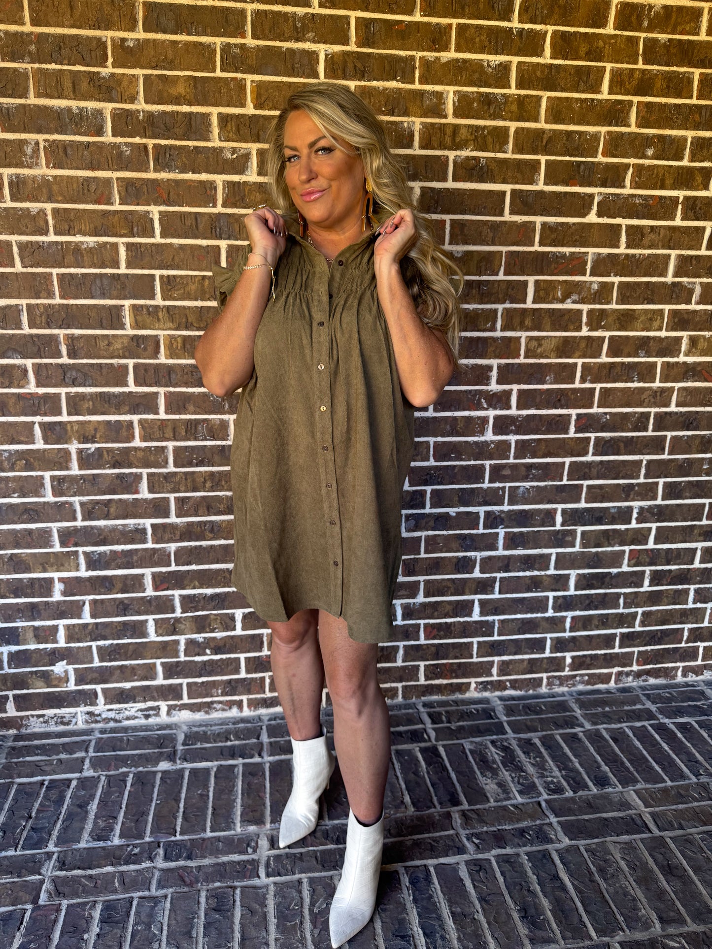 Olive Corduroy Button-Up Dress
