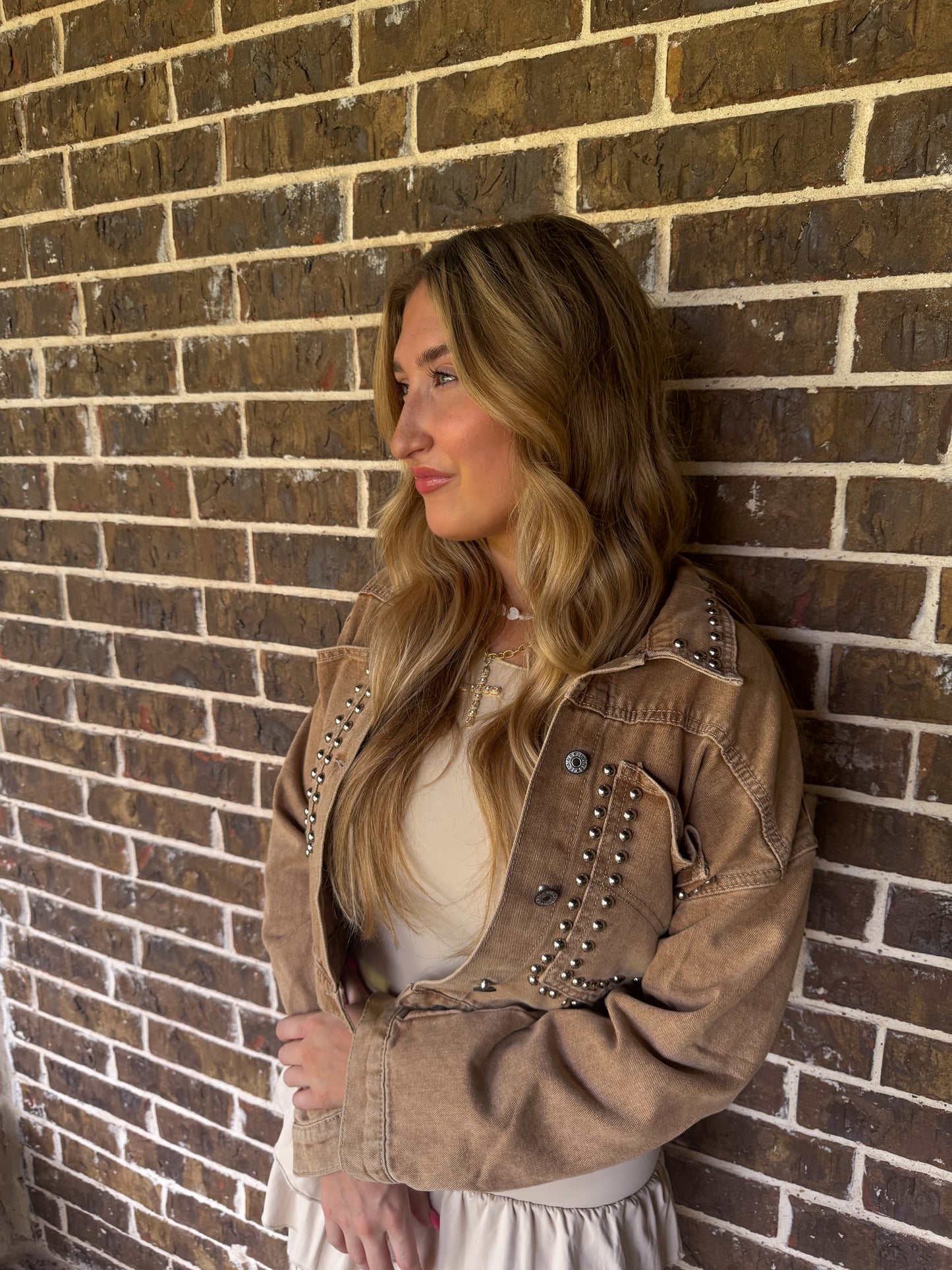 Studded Brown Cropped Denim Jacket