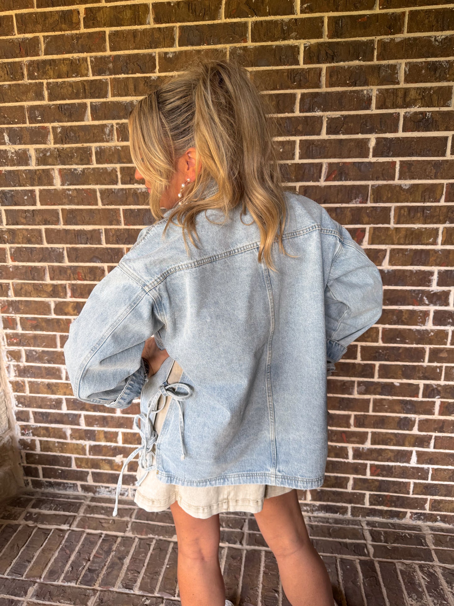 Oversized Denim Jacket with Side Tie Details