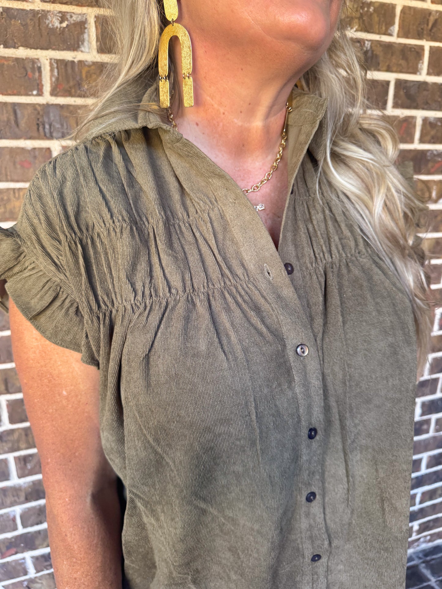 Olive Corduroy Button-Up Dress