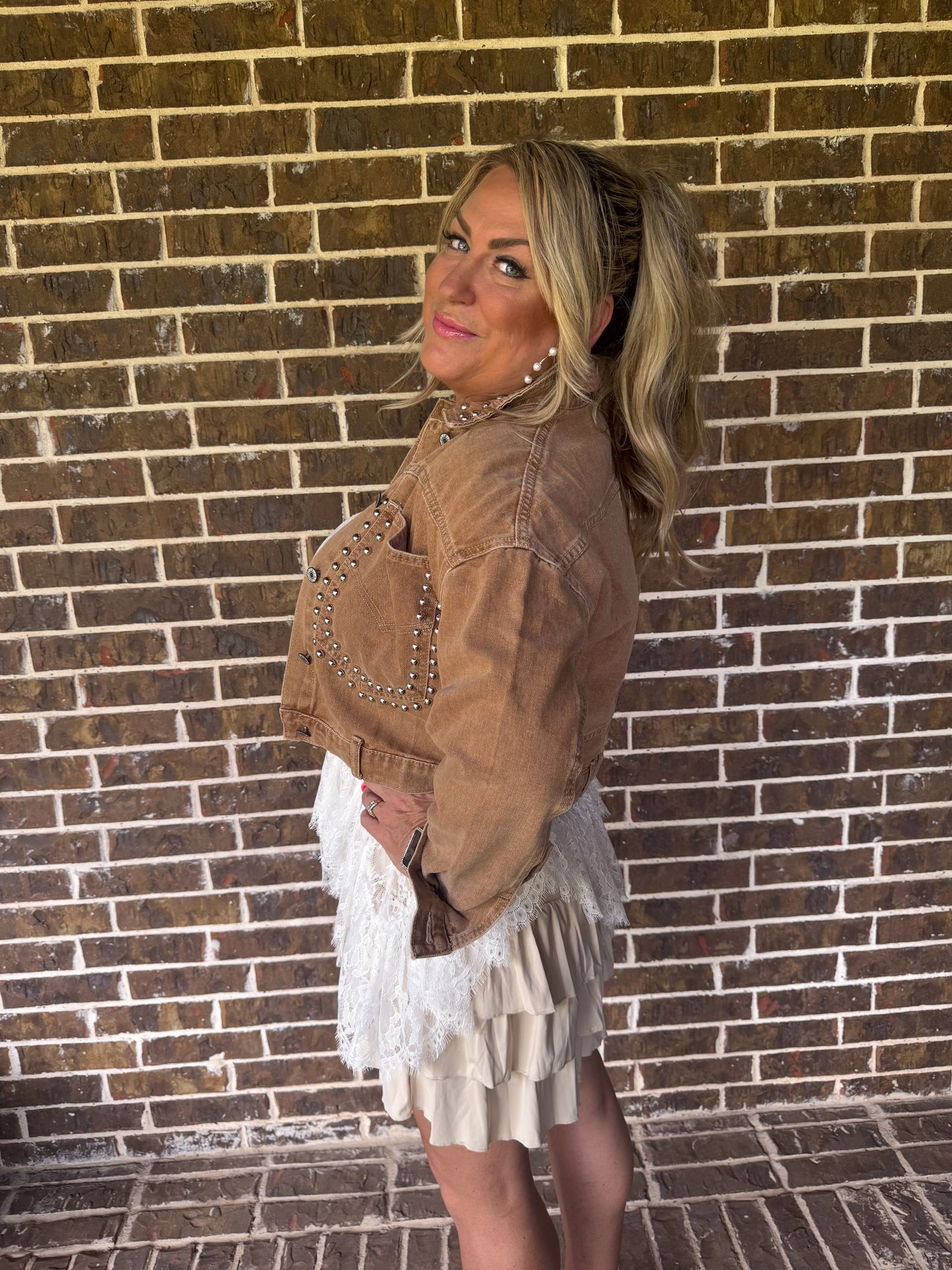 Studded Brown Cropped Denim Jacket