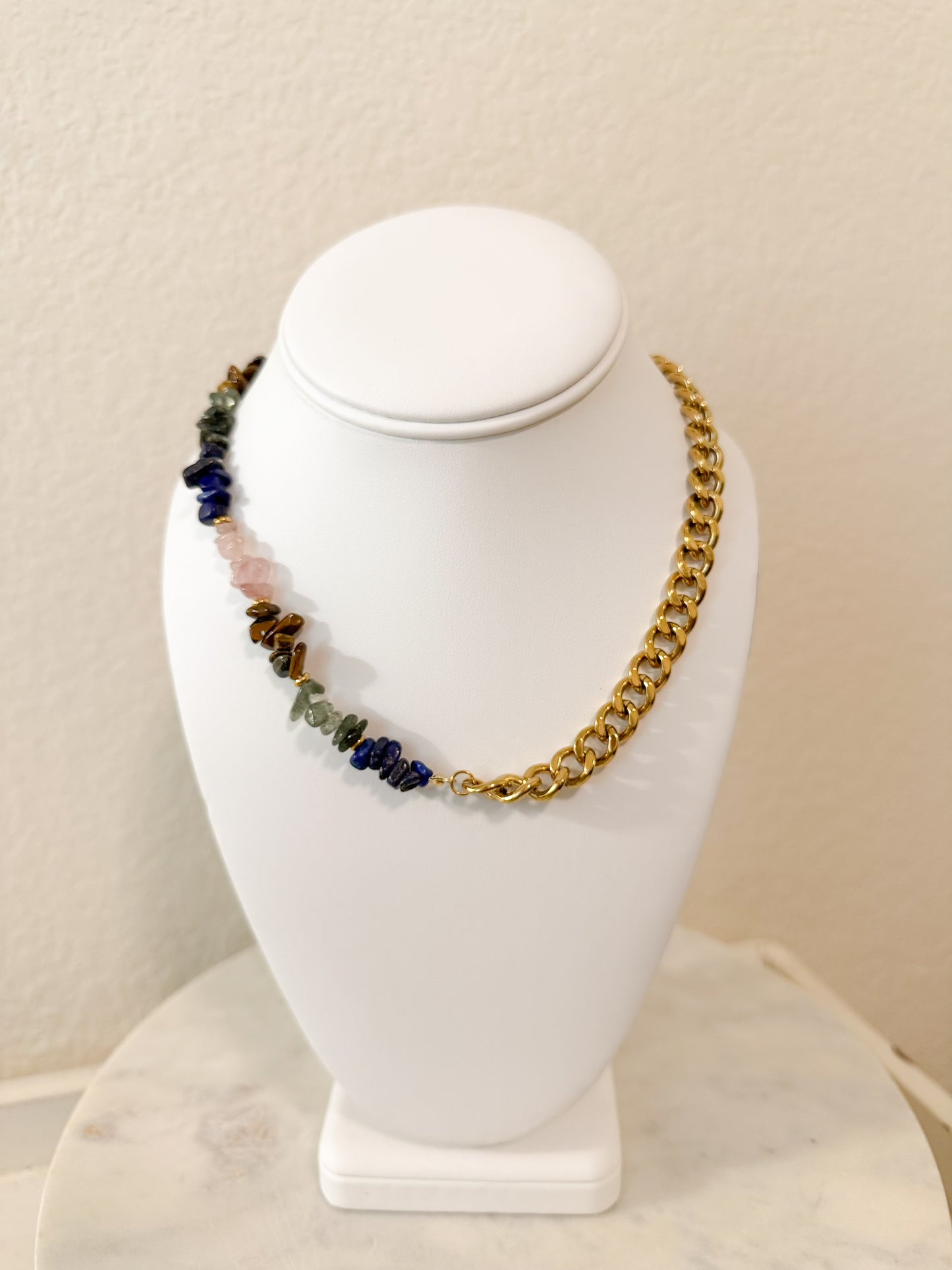 Mixed Gemstone & Gold Chain Statement Necklace