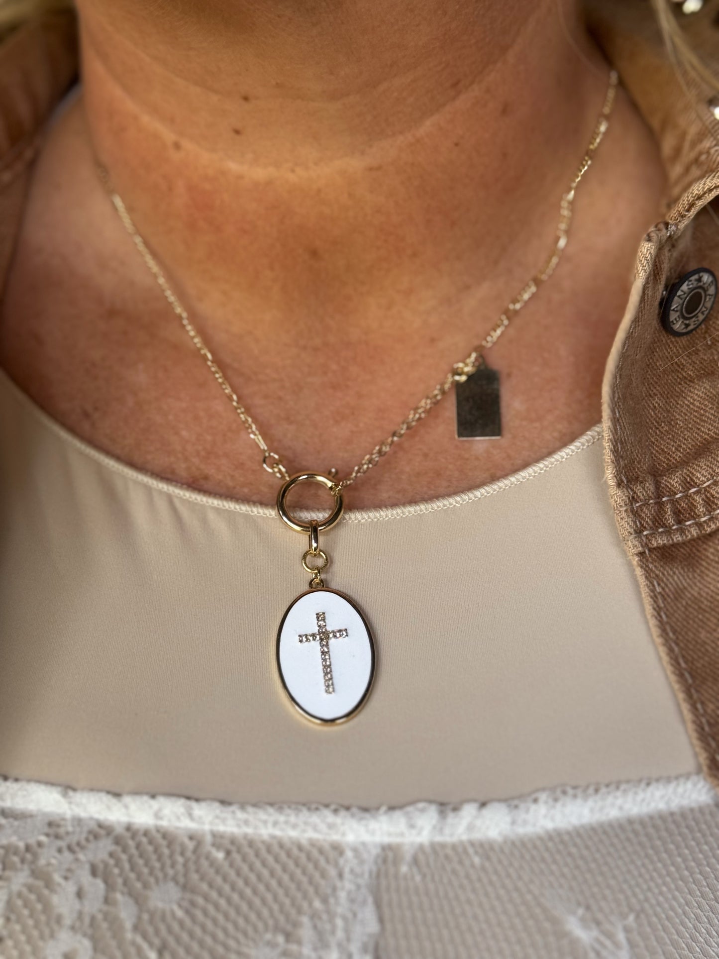 Gold Cross Oval Pendant Necklace