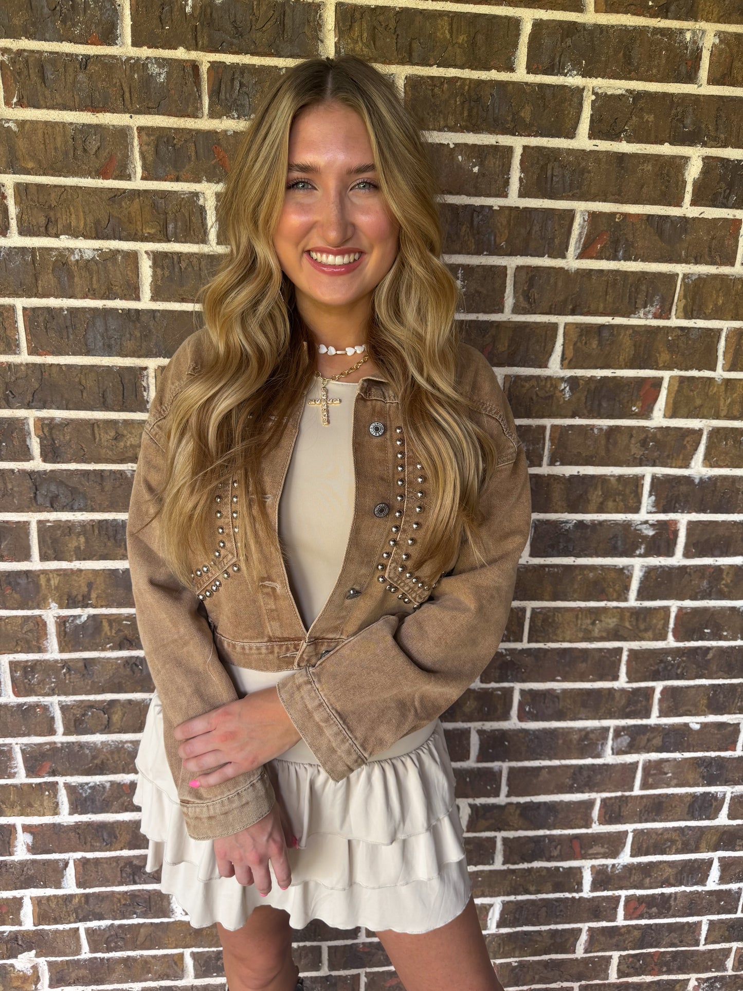 Studded Brown Cropped Denim Jacket