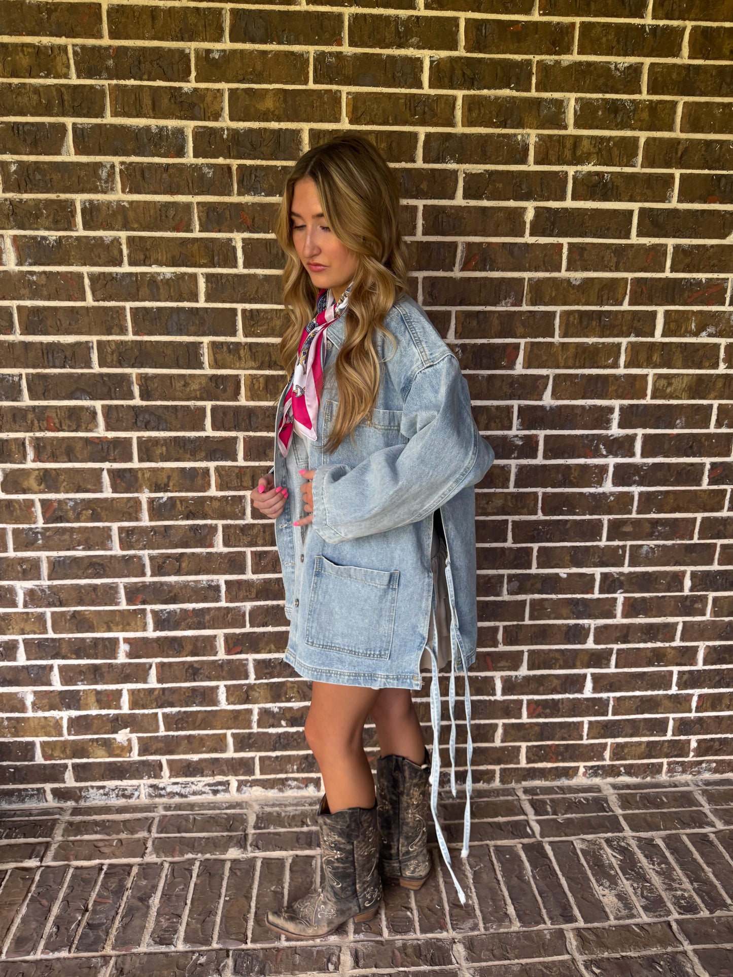 Oversized Denim Jacket with Side Tie Details