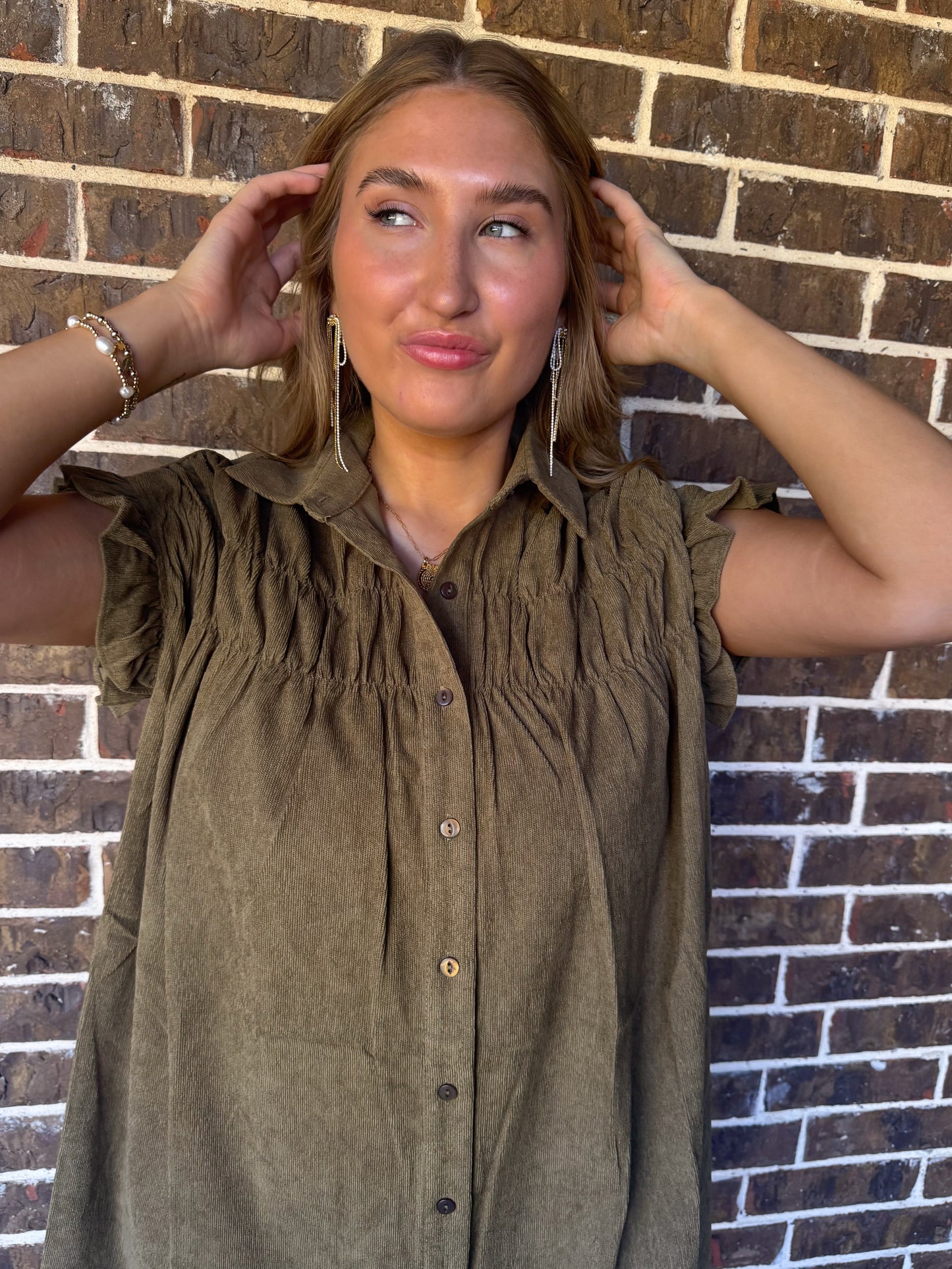 Olive Corduroy Button-Up Dress
