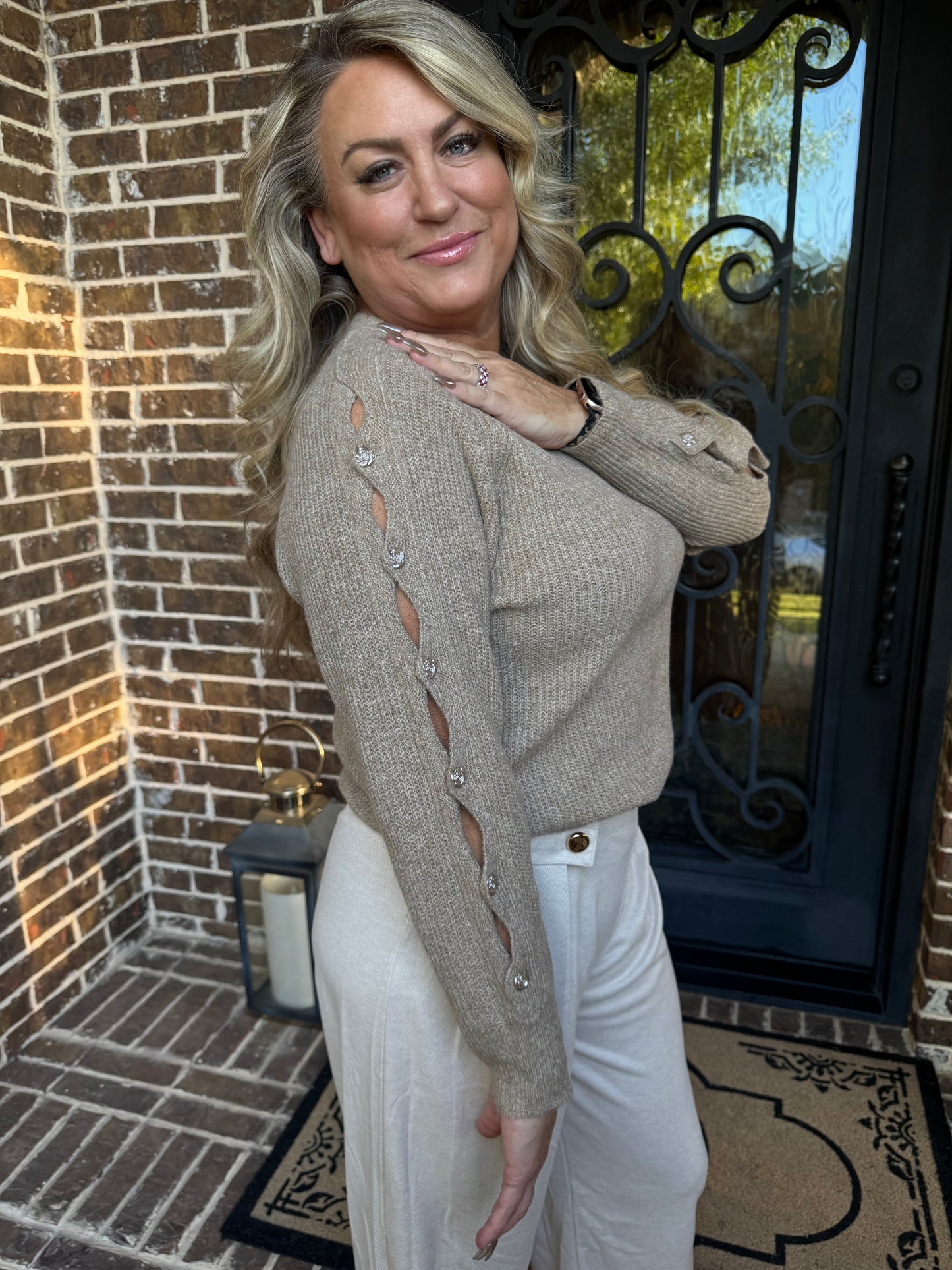 Taupe Rose Button Detailing Sweater