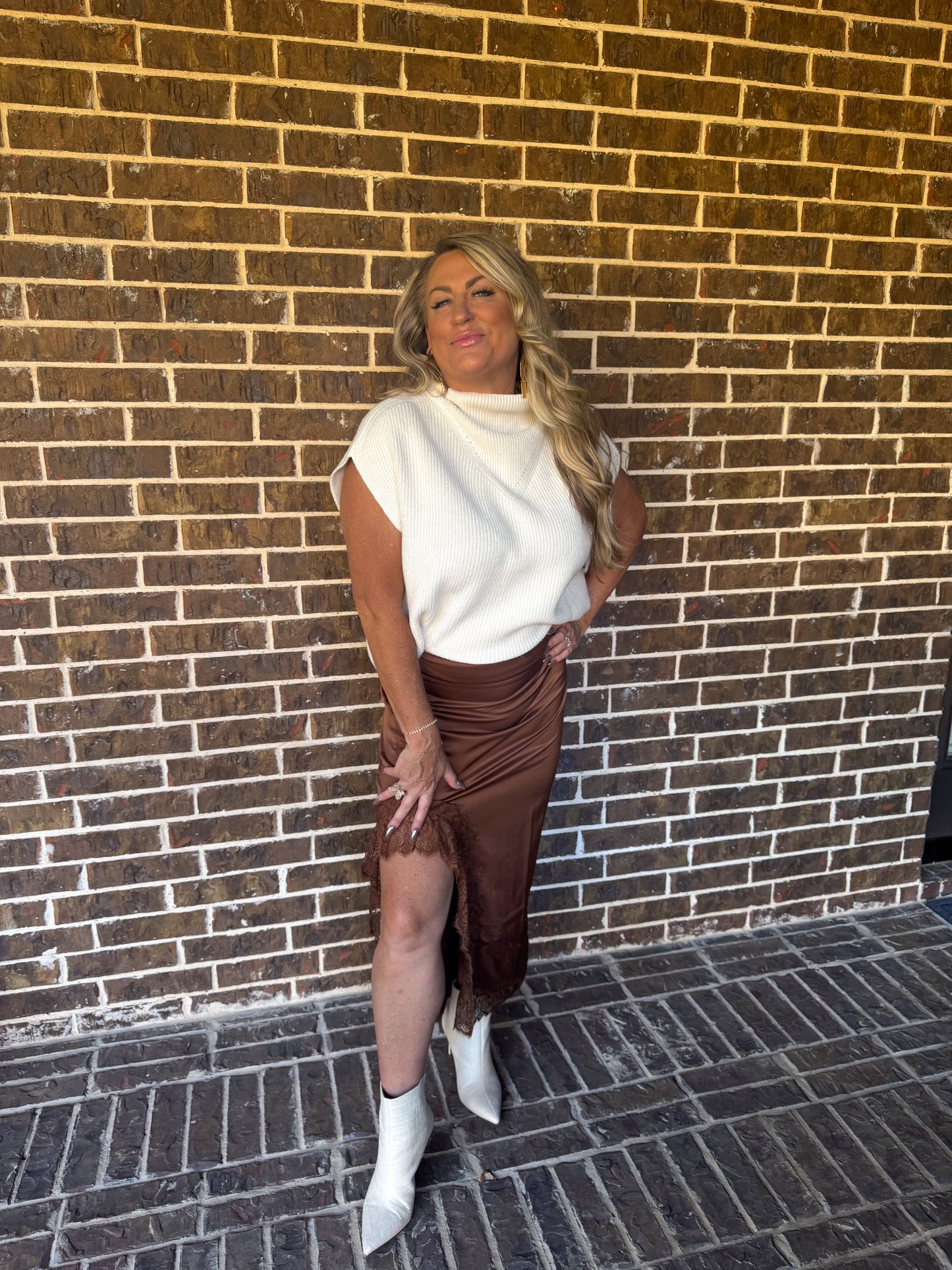 Mocha Lace Satin Slit Midi Skirt