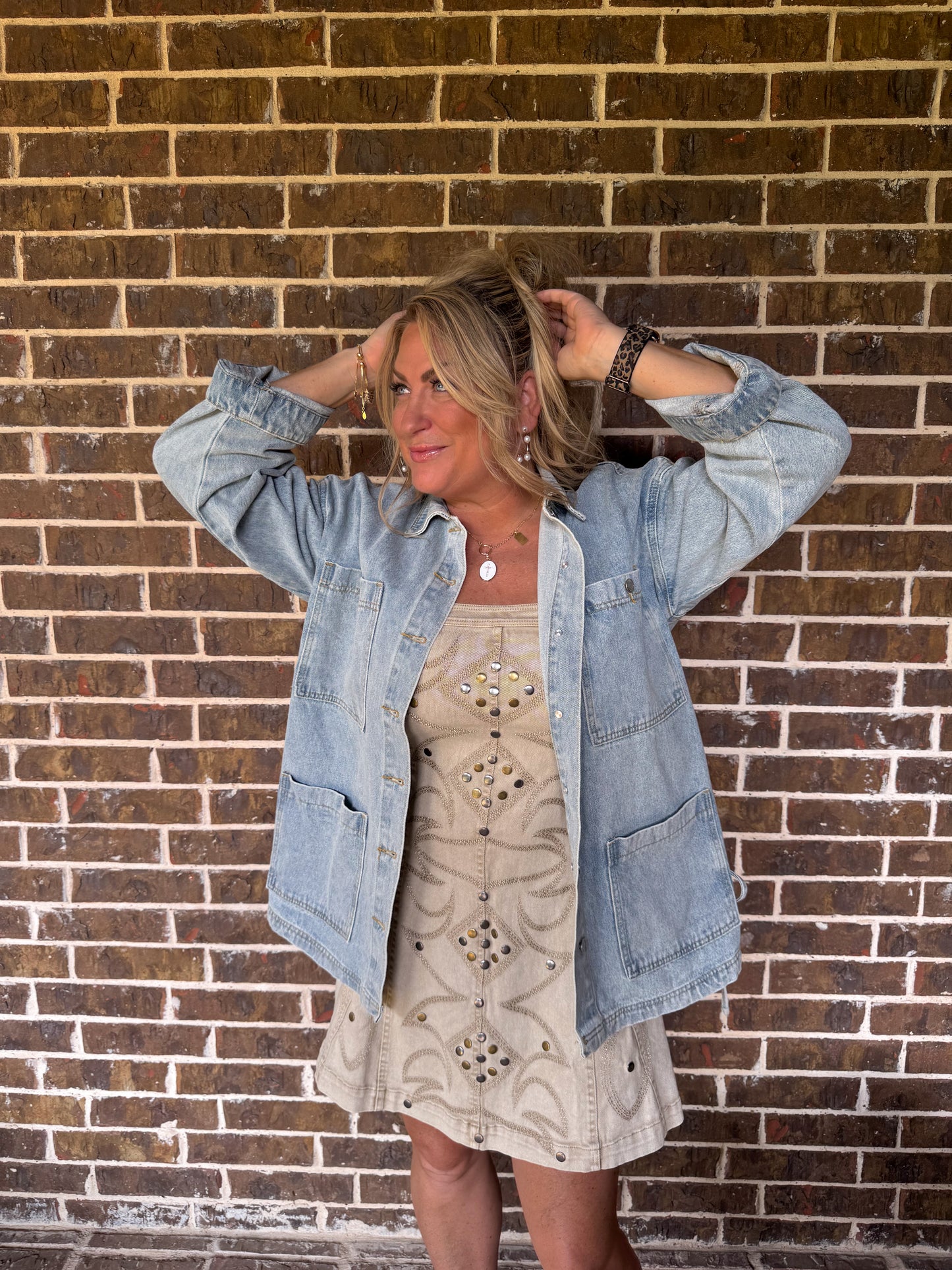 Oversized Denim Jacket with Side Tie Details