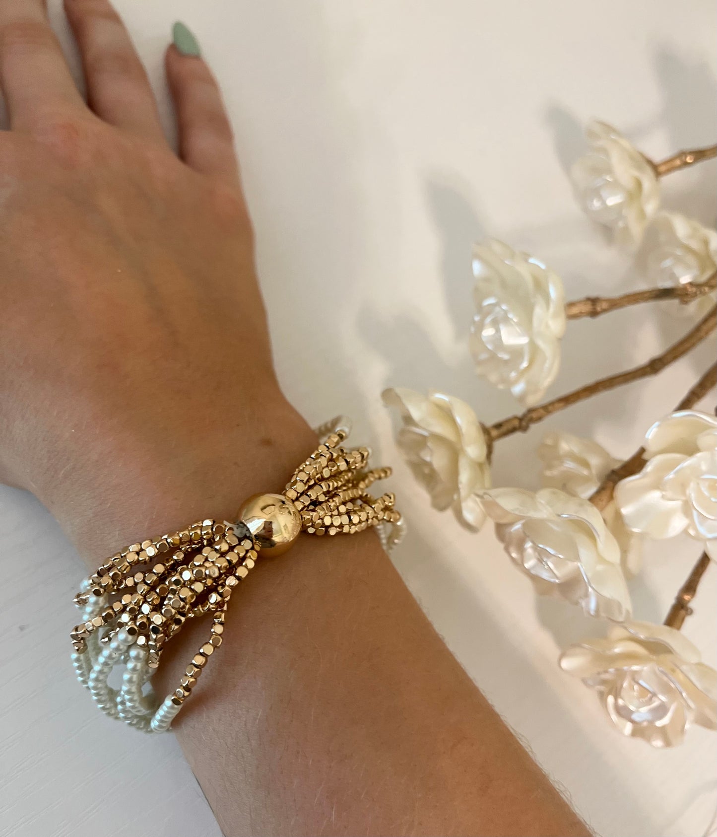 Multi-Strand Pearl Bracelet with Gold Accents