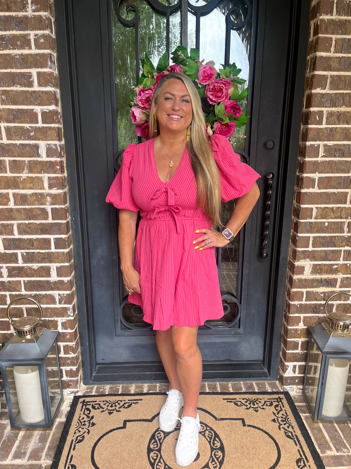 Pink Puff Sleeve Striped Bow Dress