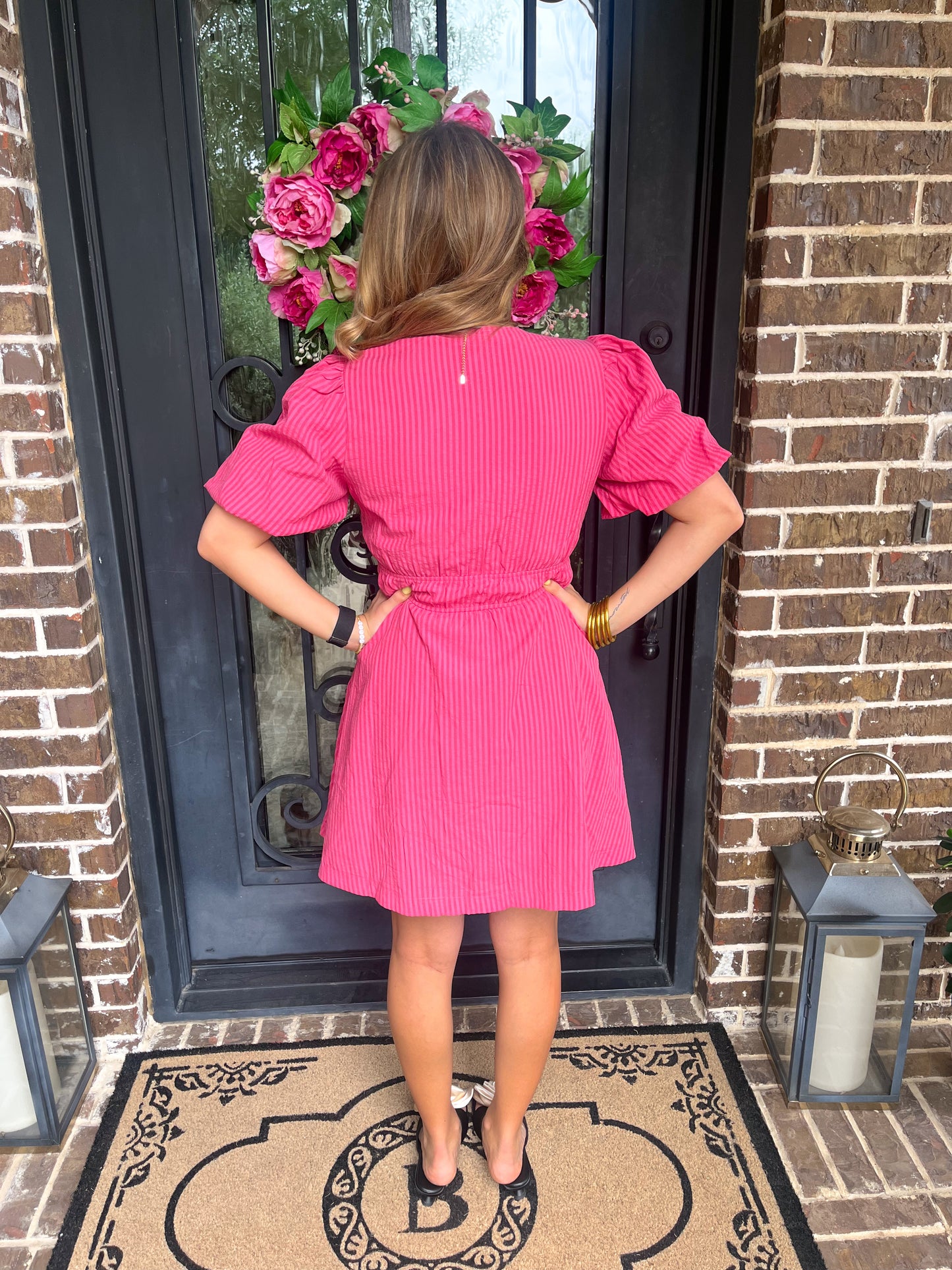 Pink Puff Sleeve Striped Bow Dress