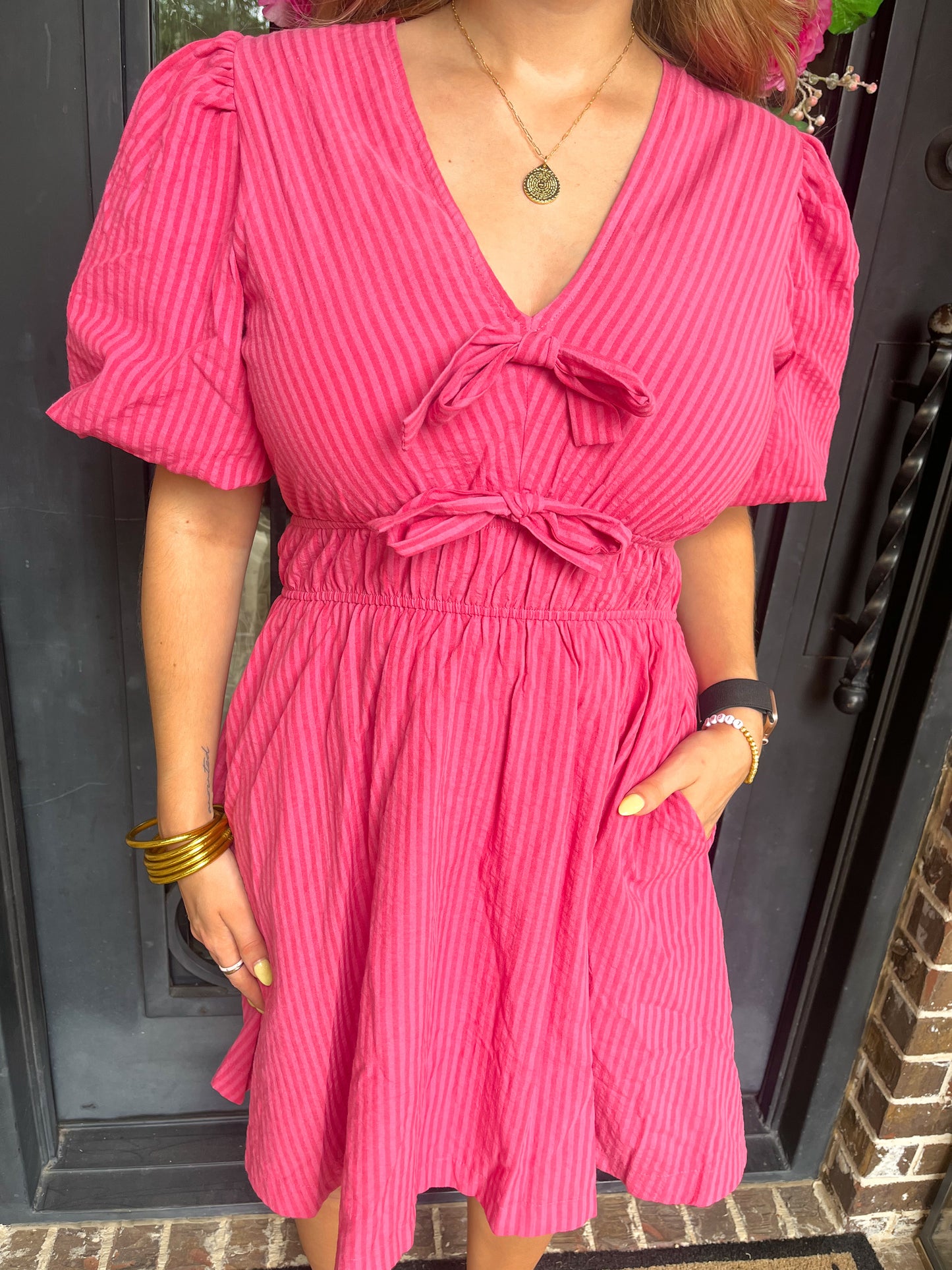 Pink Puff Sleeve Striped Bow Dress