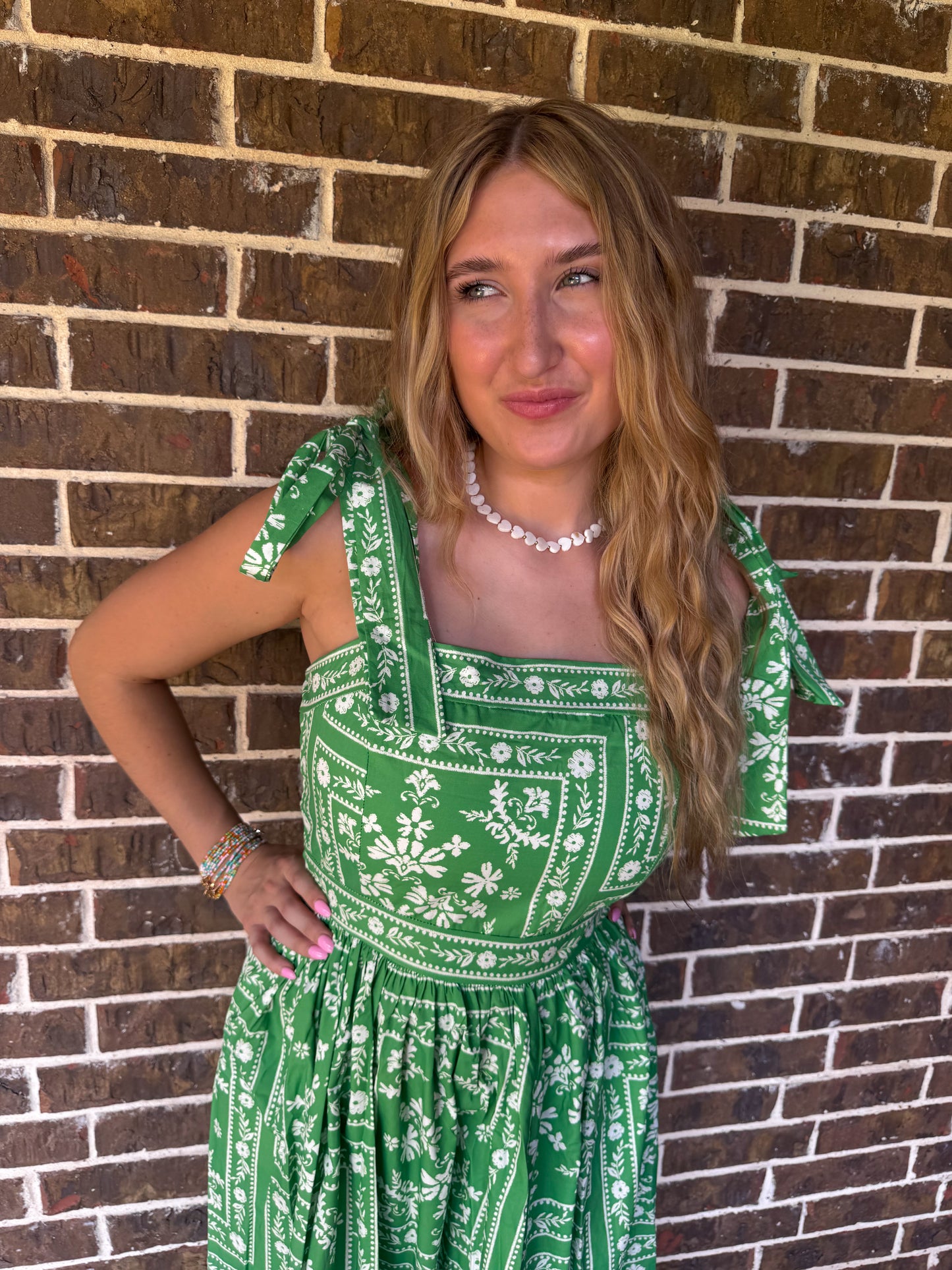 Green Floral Smocked Maxi Dress with Adjustable Tie Straps