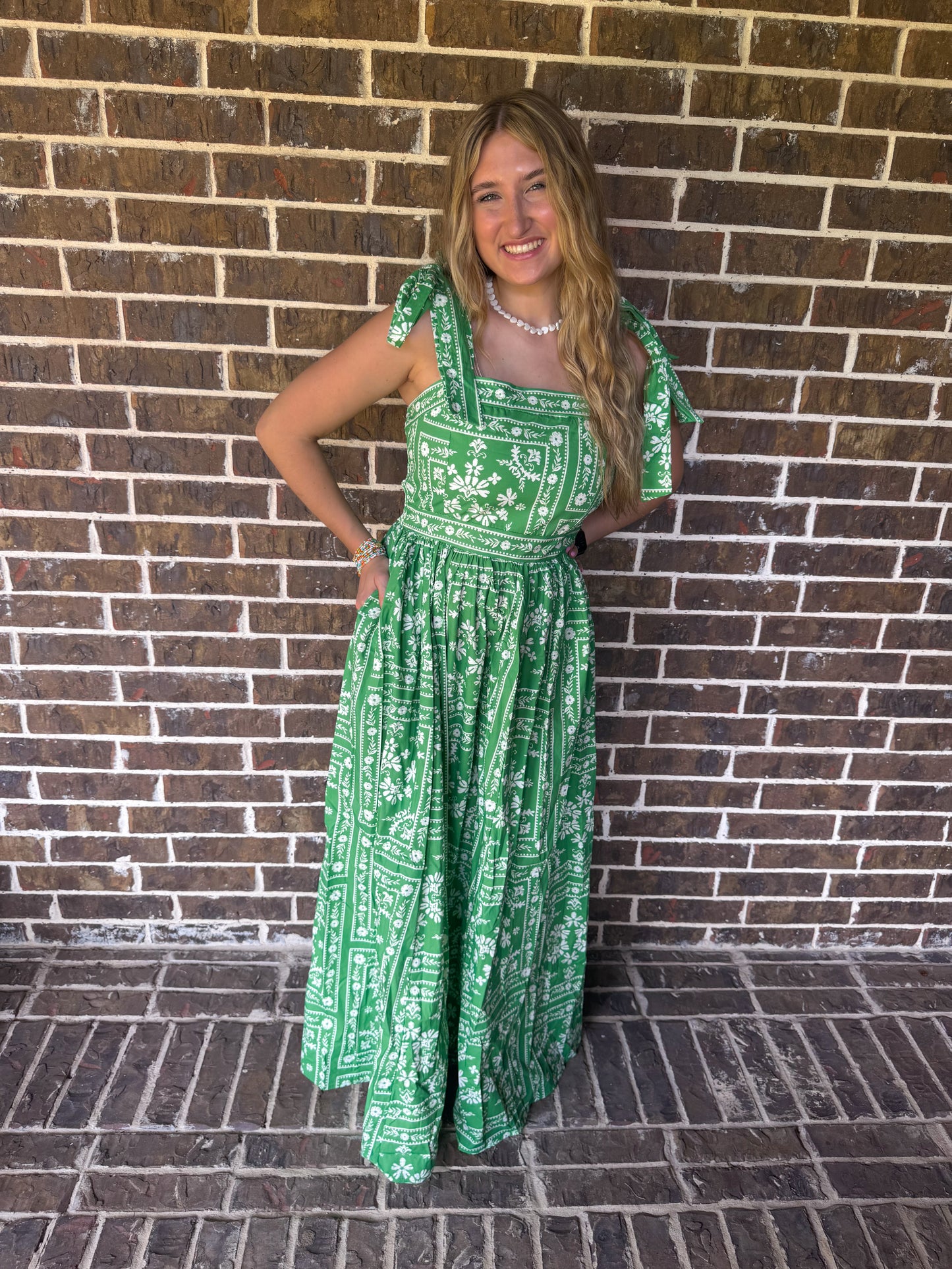 Green Floral Smocked Maxi Dress with Adjustable Tie Straps
