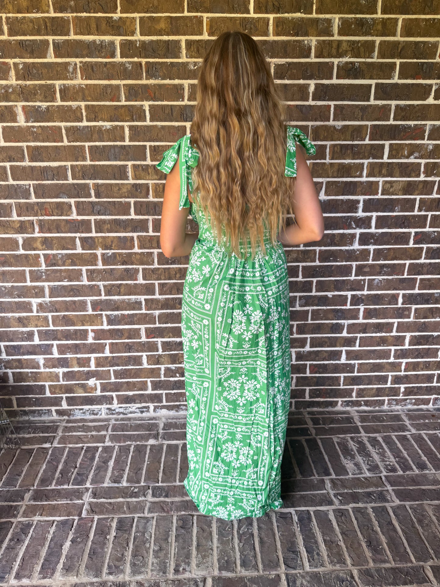 Green Floral Smocked Maxi Dress with Adjustable Tie Straps