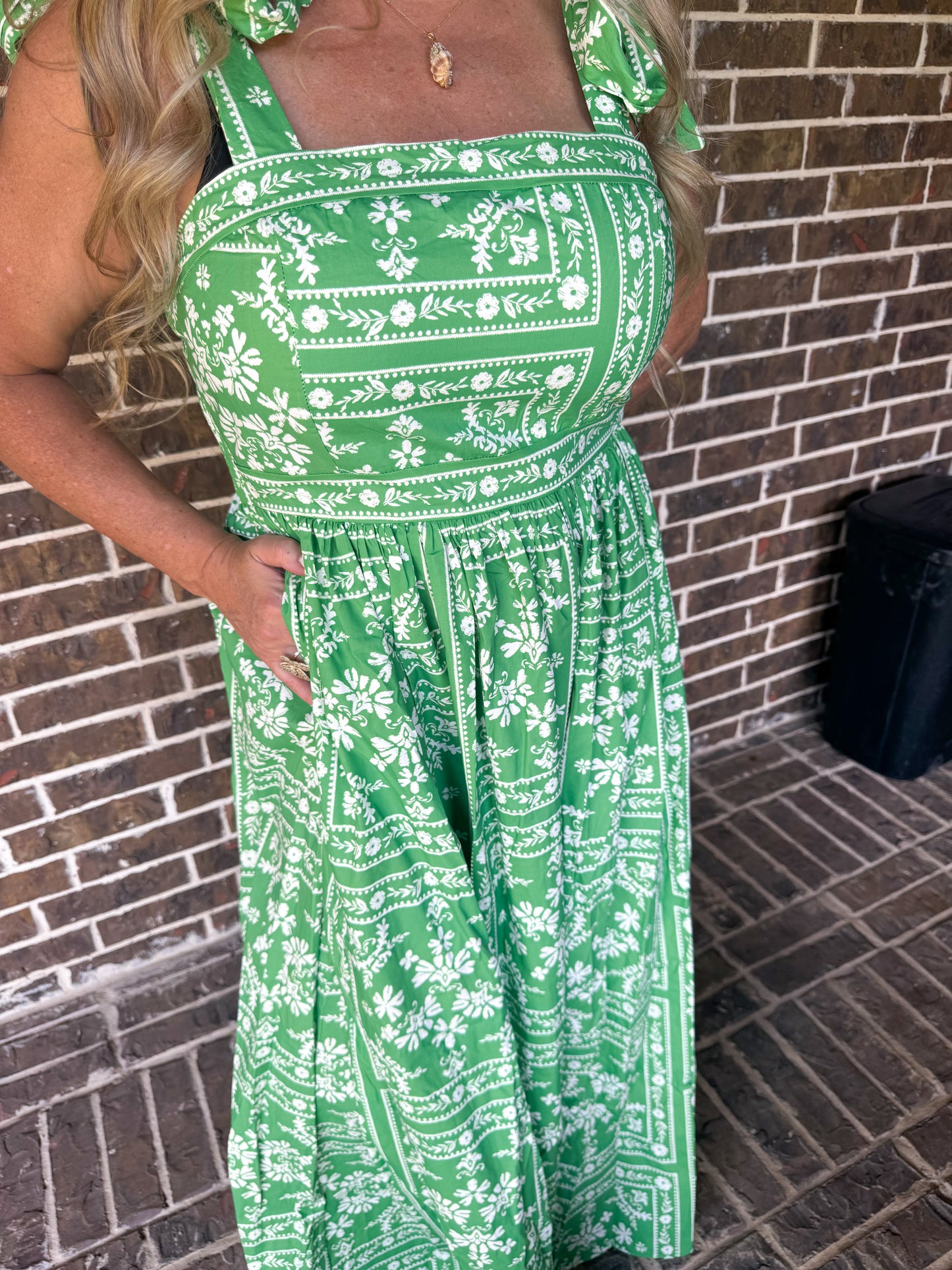 Green Floral Smocked Maxi Dress with Adjustable Tie Straps