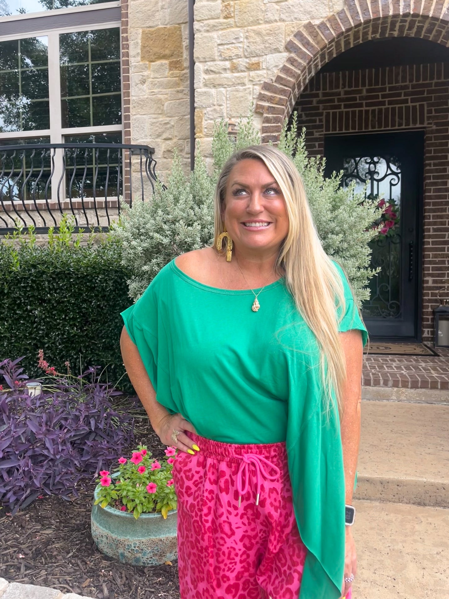 Emerald Off-Shoulder Flow Tee