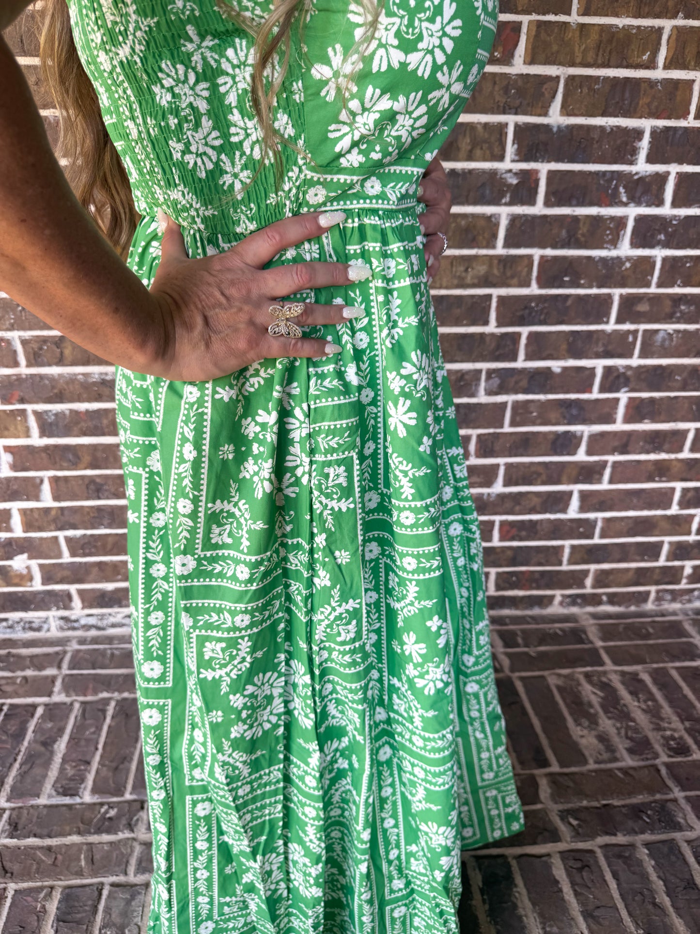 Green Floral Smocked Maxi Dress with Adjustable Tie Straps