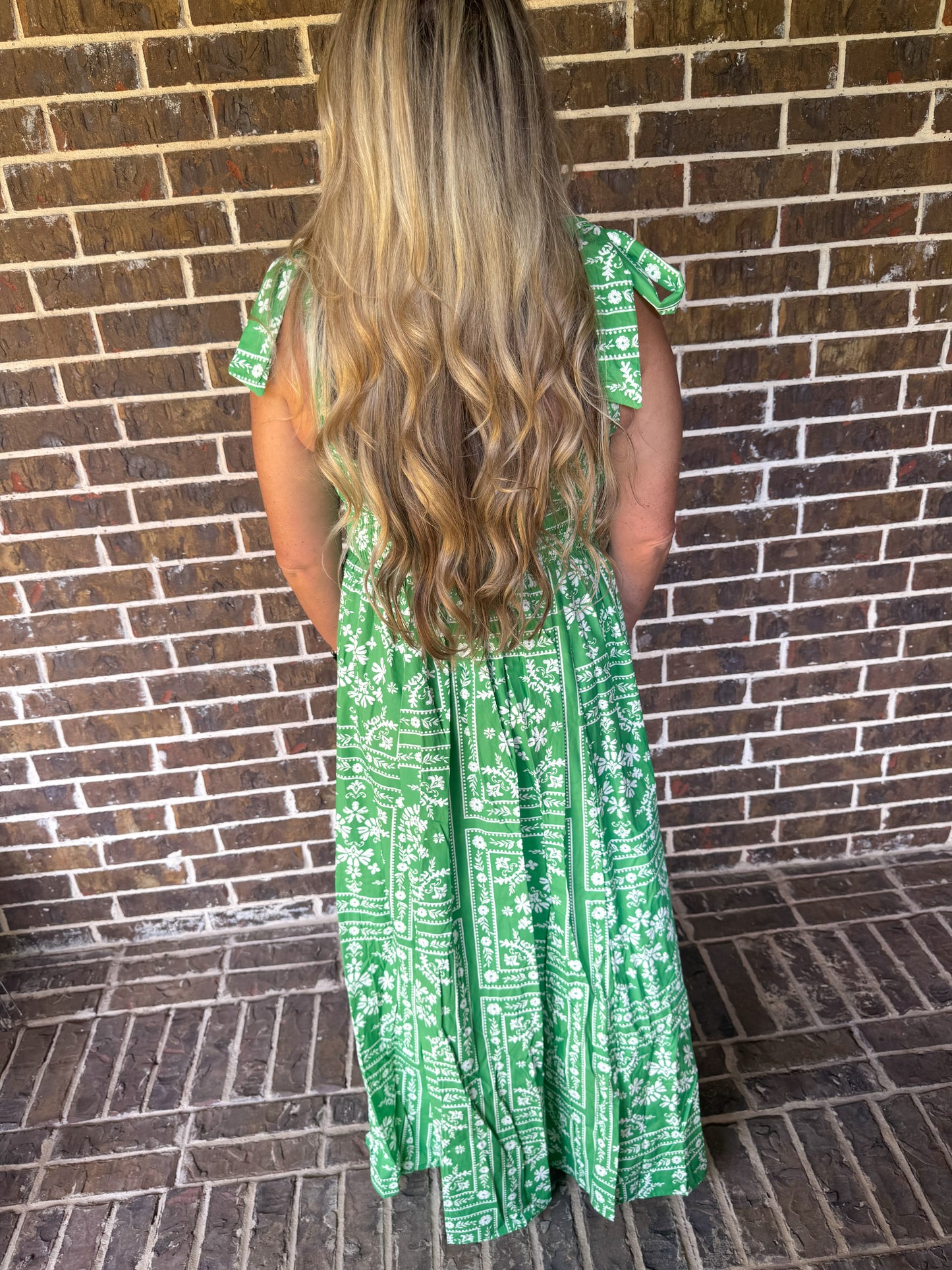 Green Floral Smocked Maxi Dress with Adjustable Tie Straps