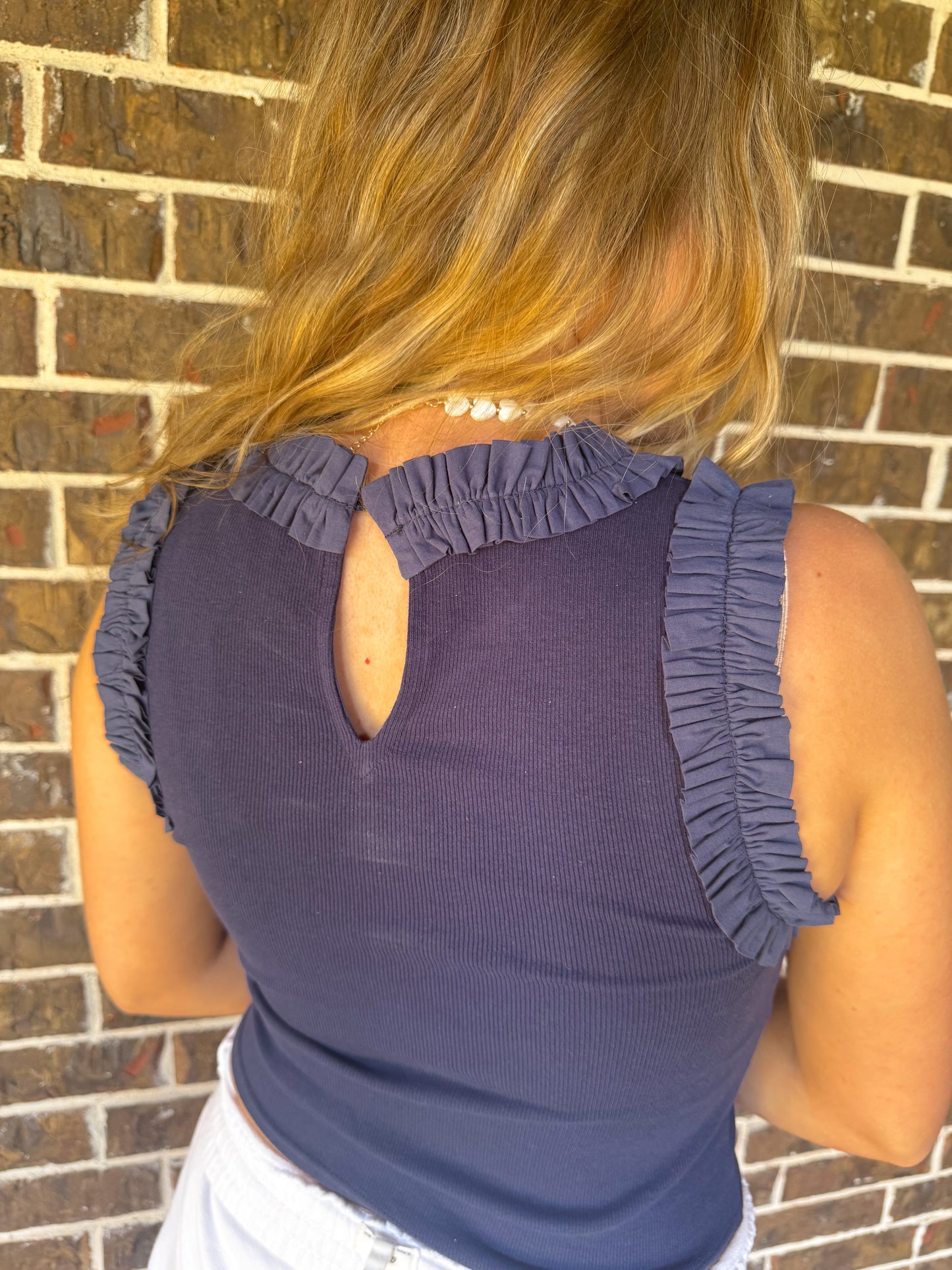 Navy Ribbed Ruffle Sleeve Tank Top