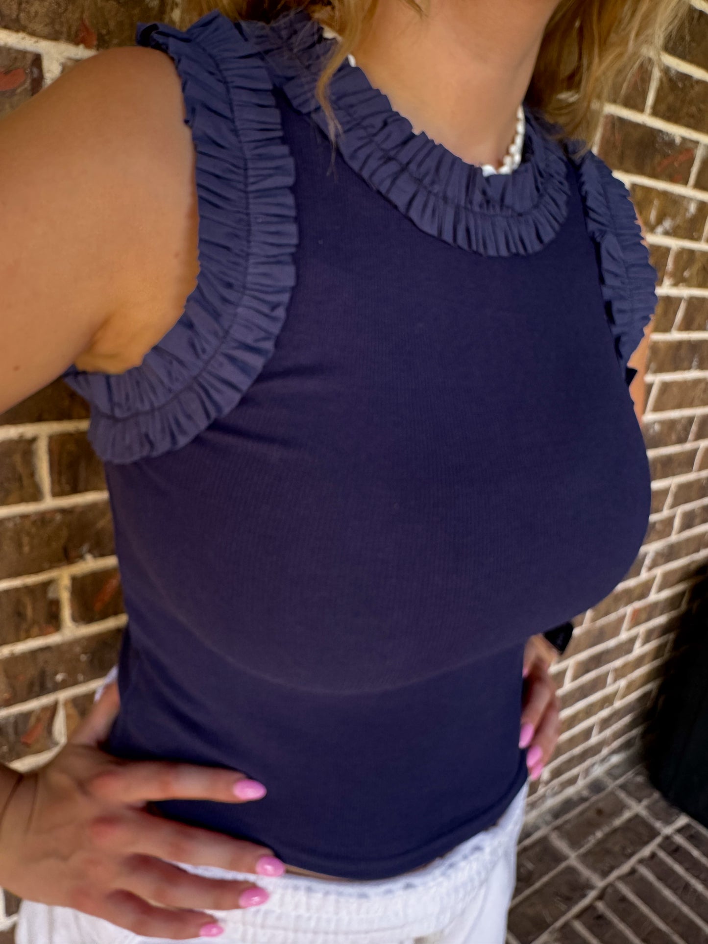 Navy Ribbed Ruffle Sleeve Tank Top