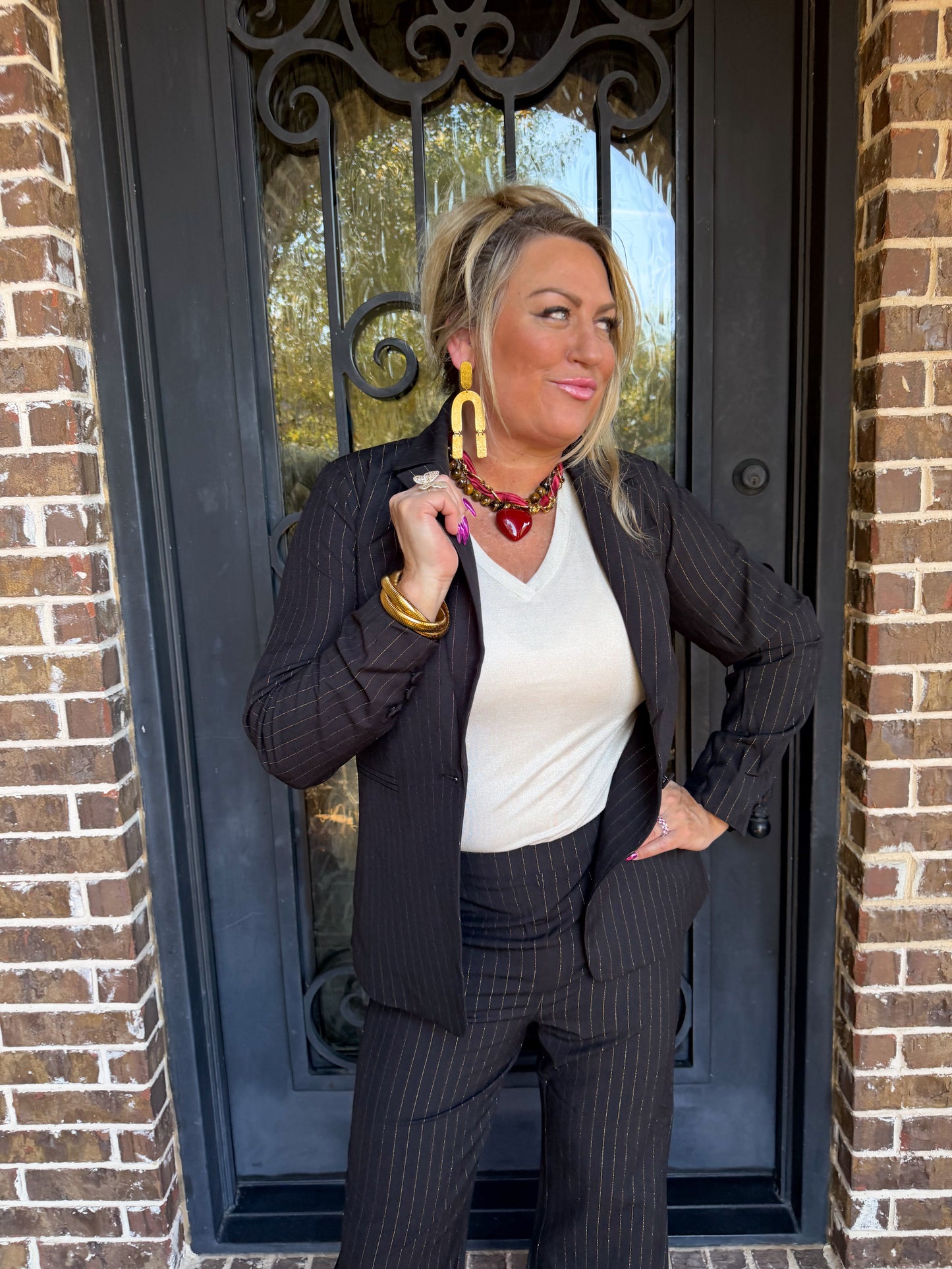 Black & Gold Pinstripe Pantsuit Set