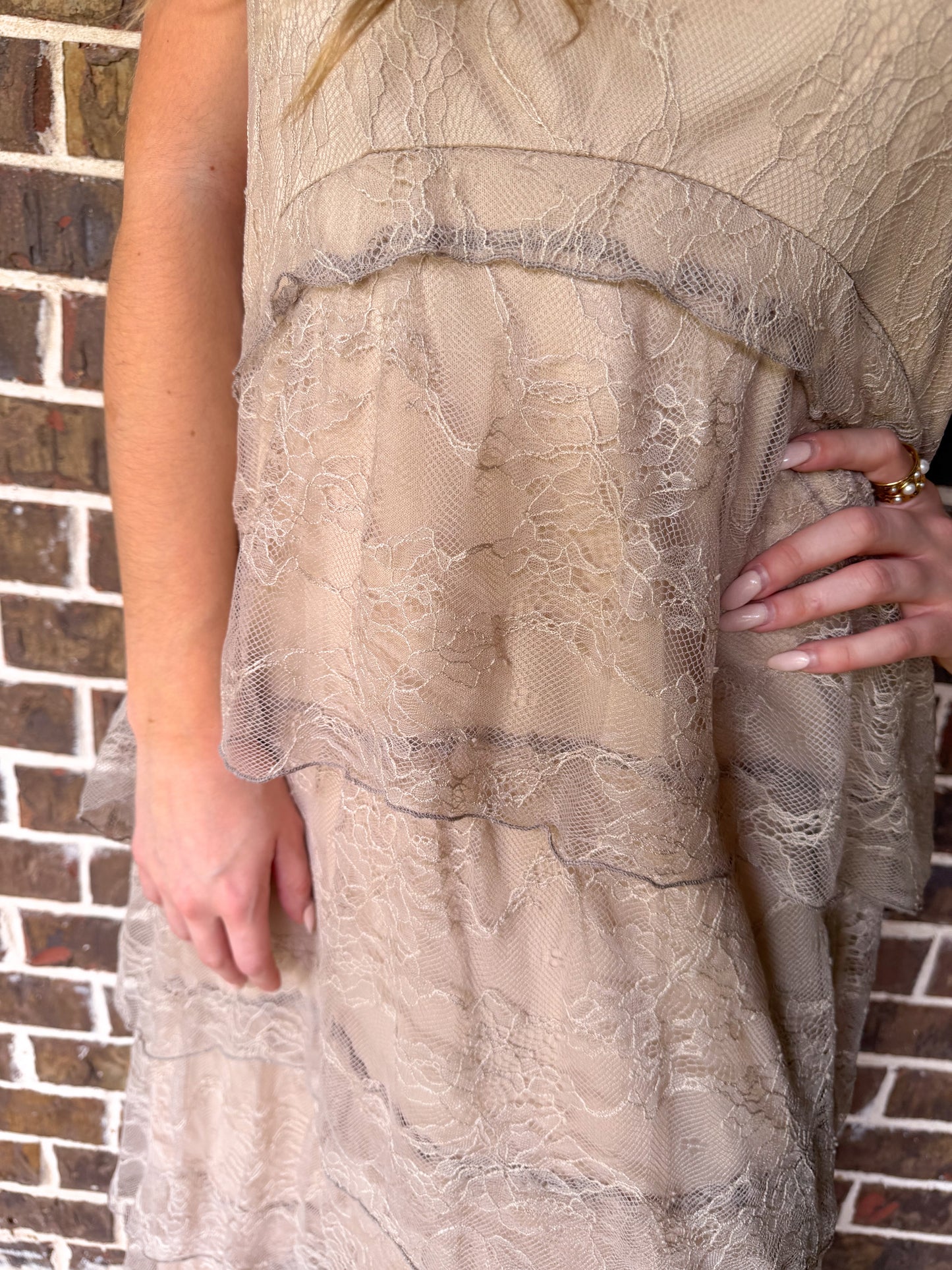 Taupe Lace Tiered Midi Dress