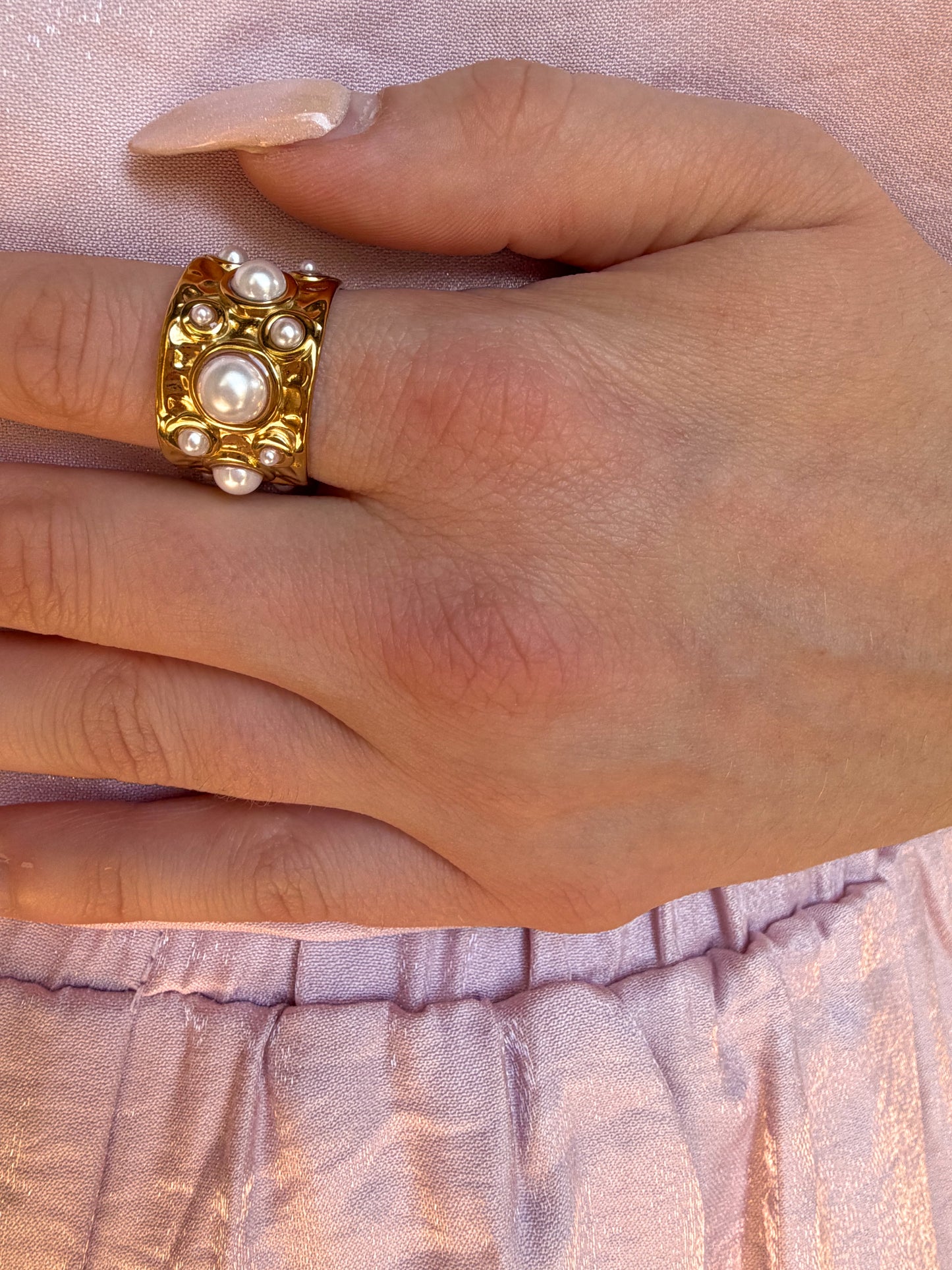 Golden Pearl Adjustable Statement Ring