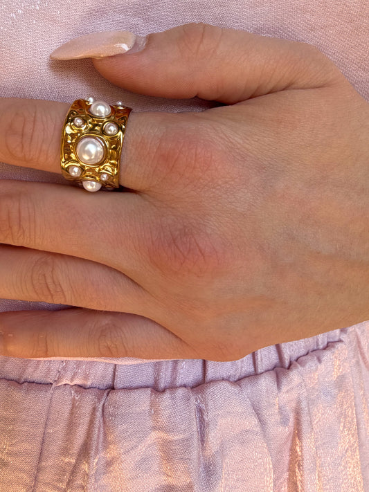 Golden Pearl Adjustable Statement Ring
