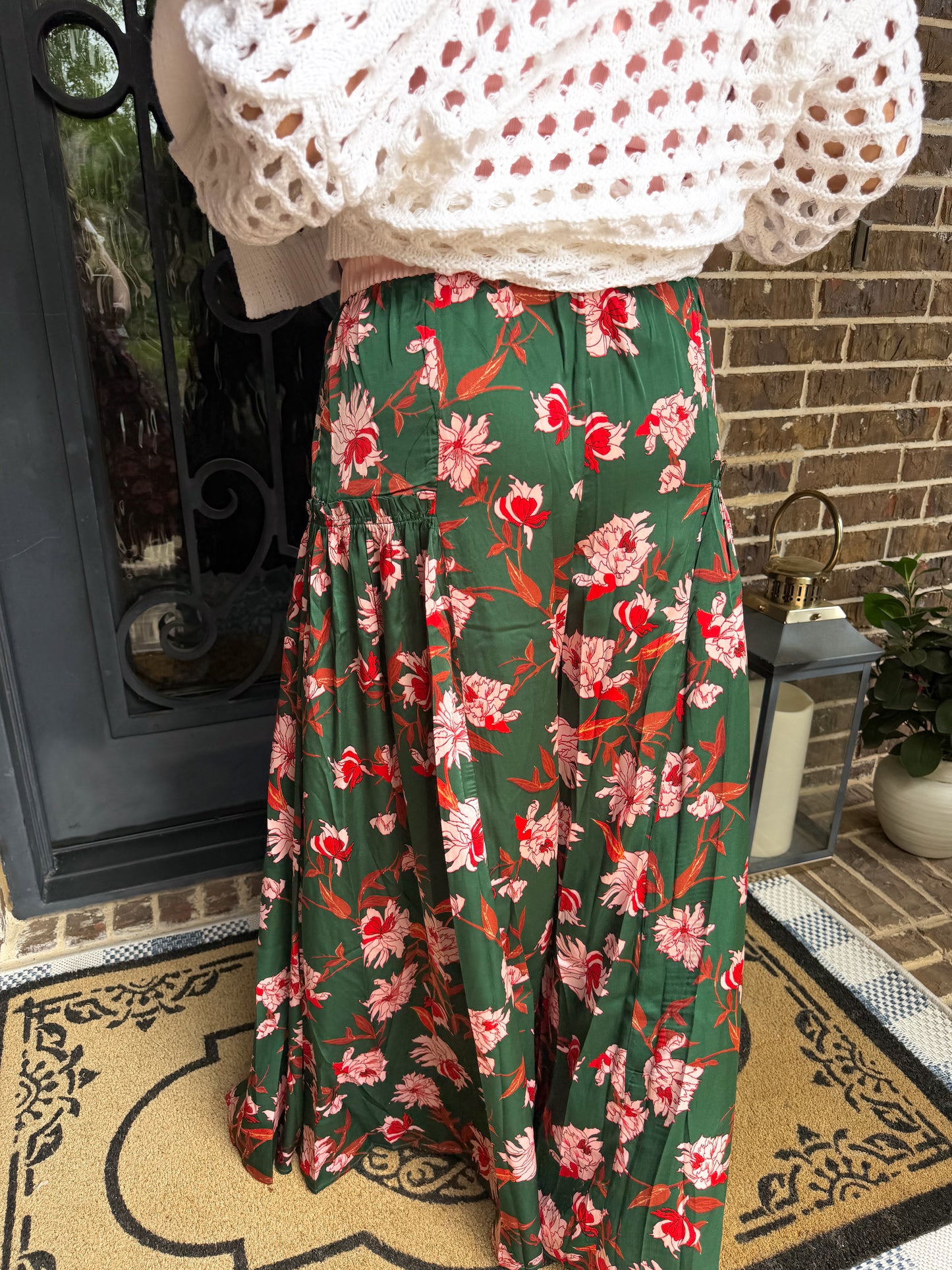 Emerald Green Floral Wide Leg Pants