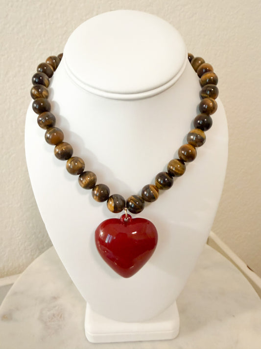 Tiger’s Eye Beaded Necklace with Red Heart Pendant