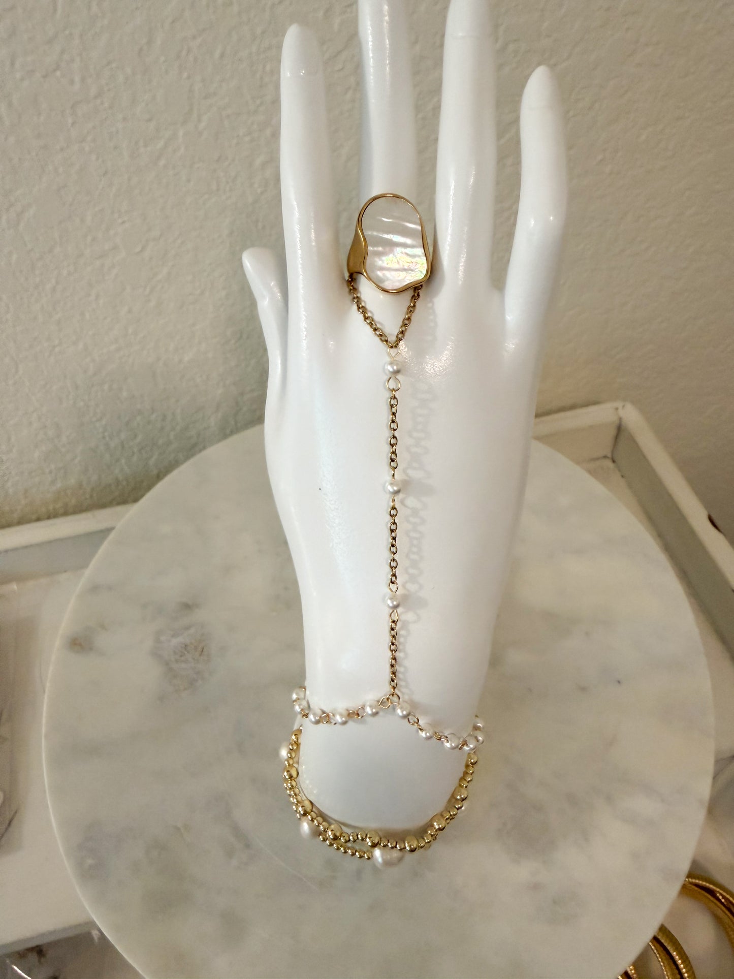 Pearl & Gold Hand Chain Bracelet