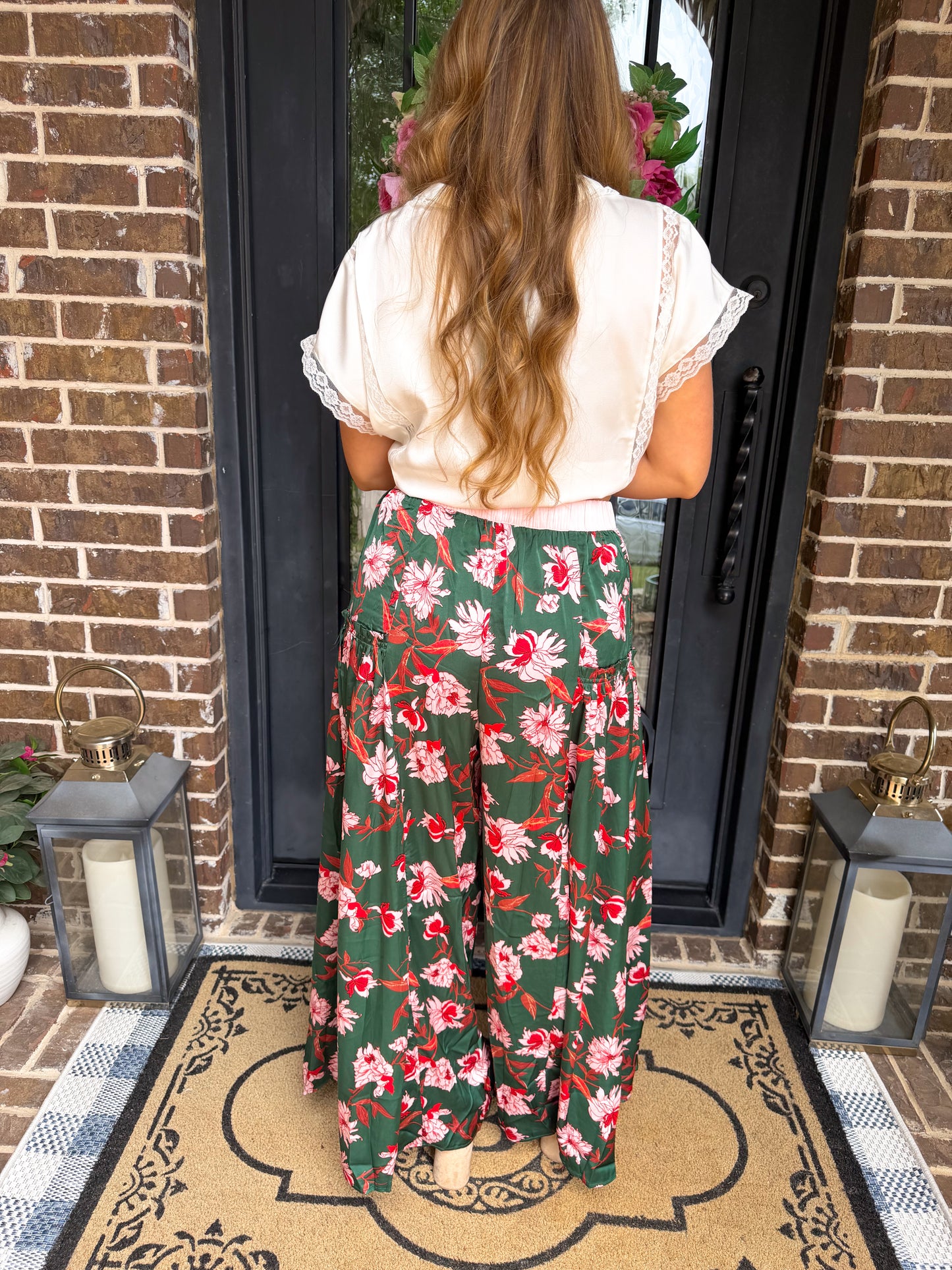 Emerald Green Floral Wide Leg Pants