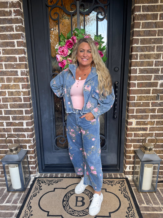 Vintage Floral Denim Barrel Jean Set