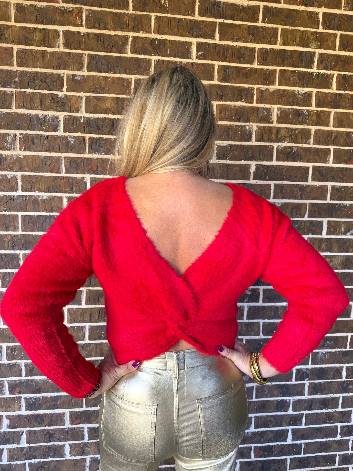 Red Fuzzy Twist-Back Sweater