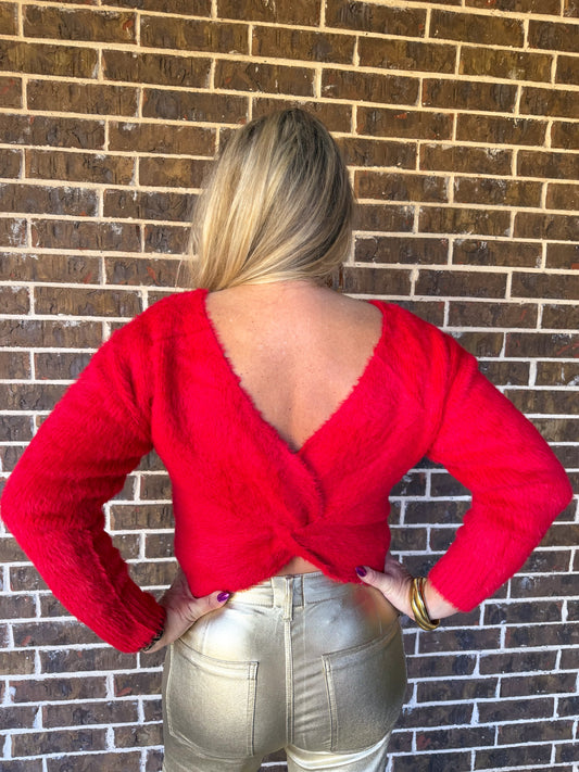 Red Fuzzy Twist-Back Sweater
