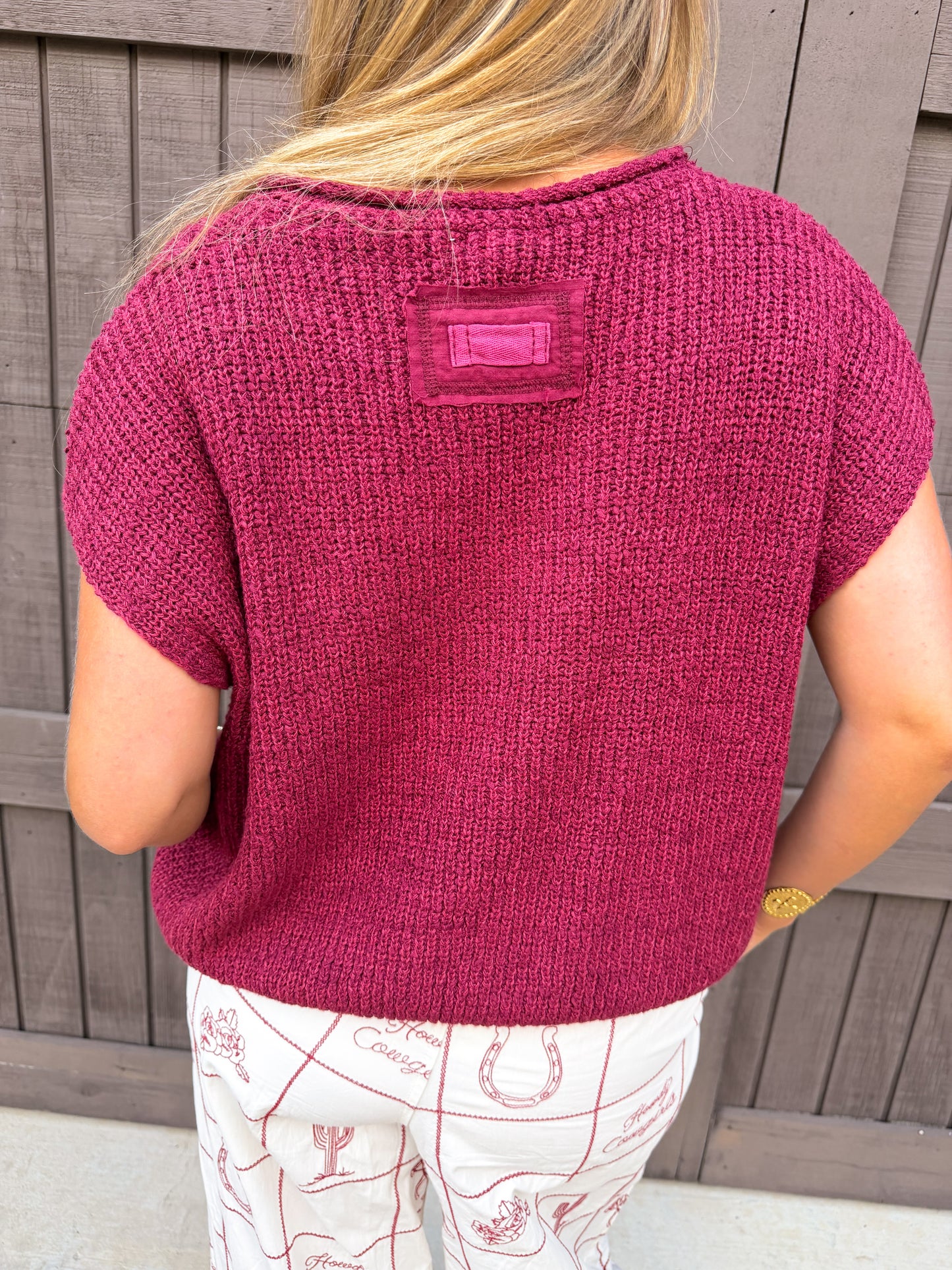 Maroon Knit Short Sleeve Sweater