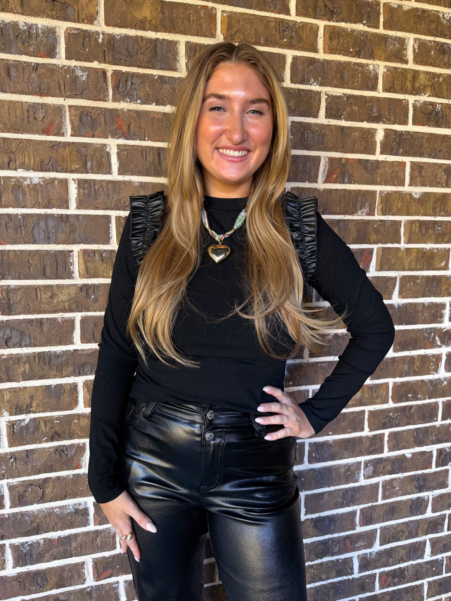 Black Ribbed Long Sleeve Top with Faux Leather Ruffle Shoulders