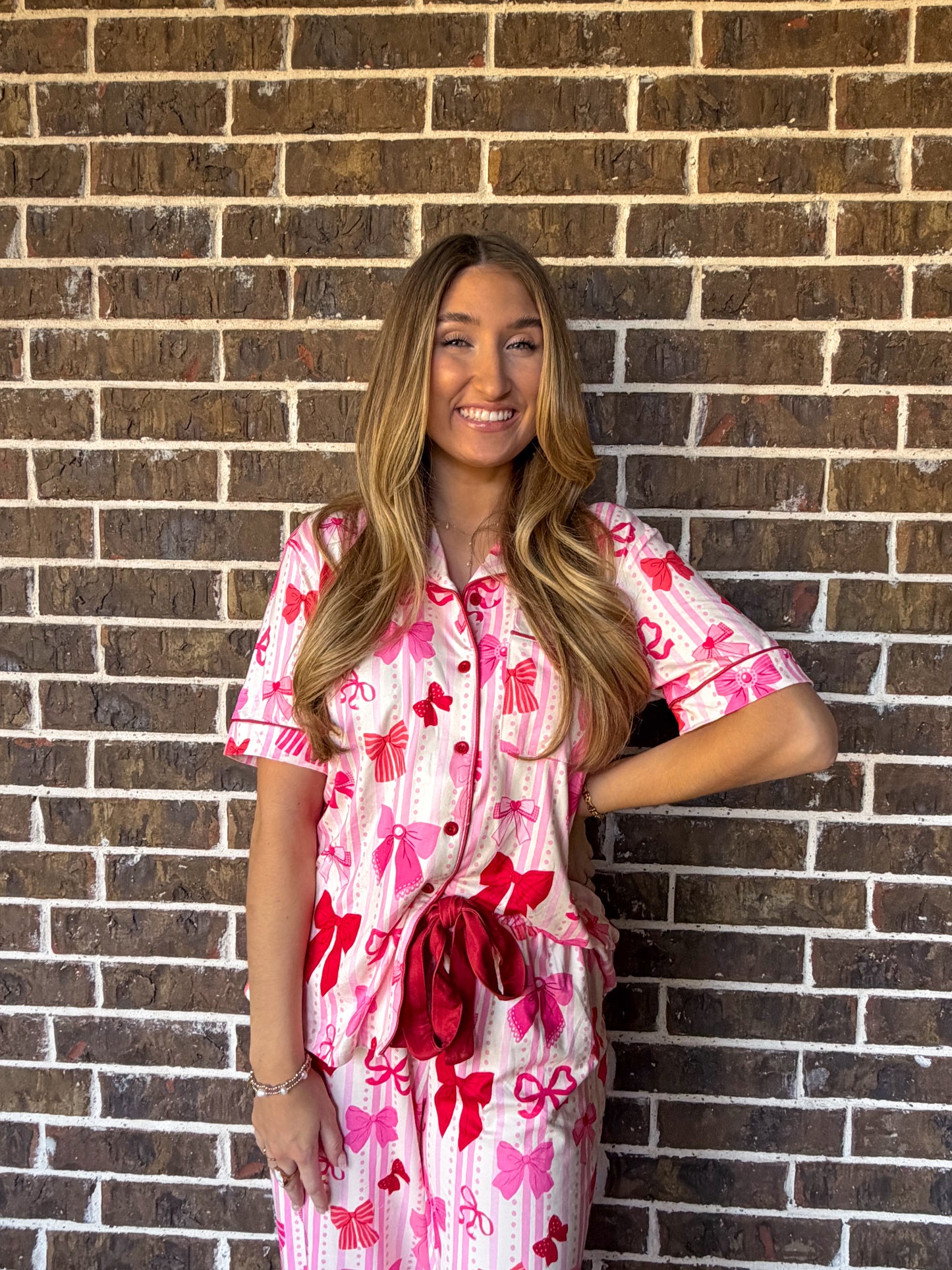 Pink Bow Print Pajama Set