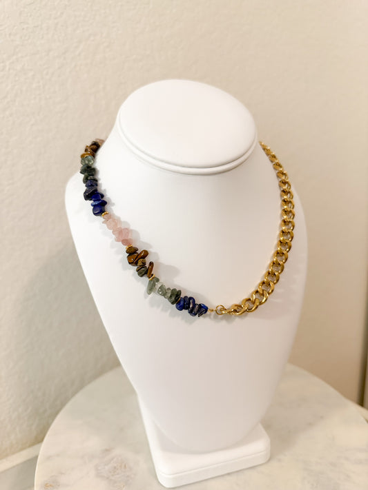 Mixed Gemstone & Gold Chain Statement Necklace