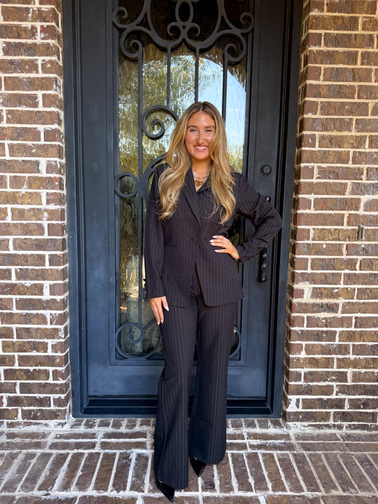Black & Gold Pinstripe Pantsuit Set