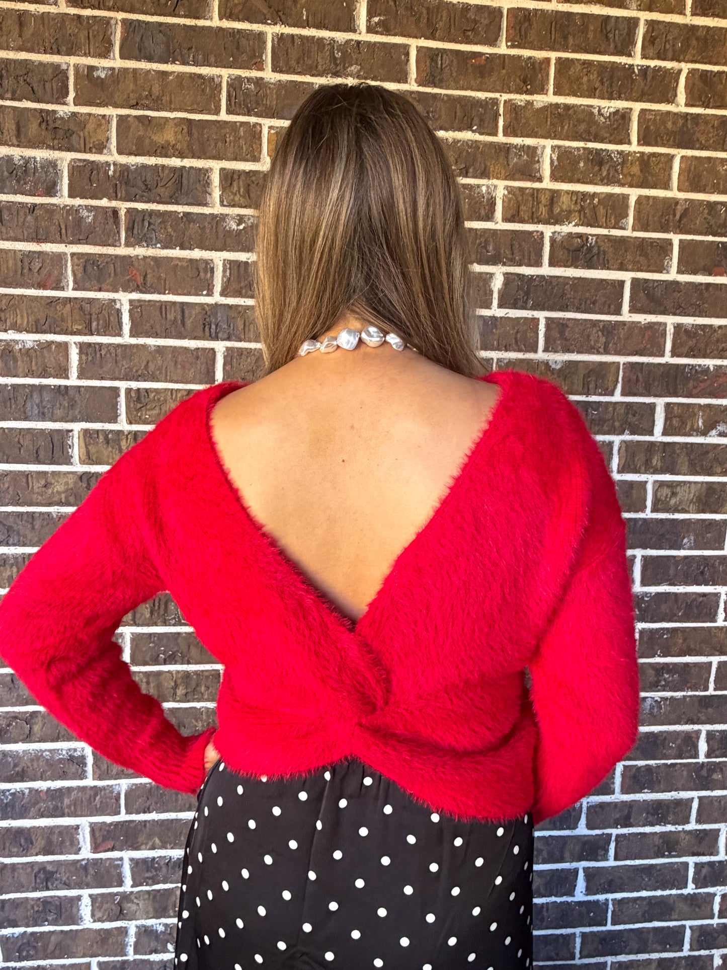 Red Fuzzy Twist-Back Sweater