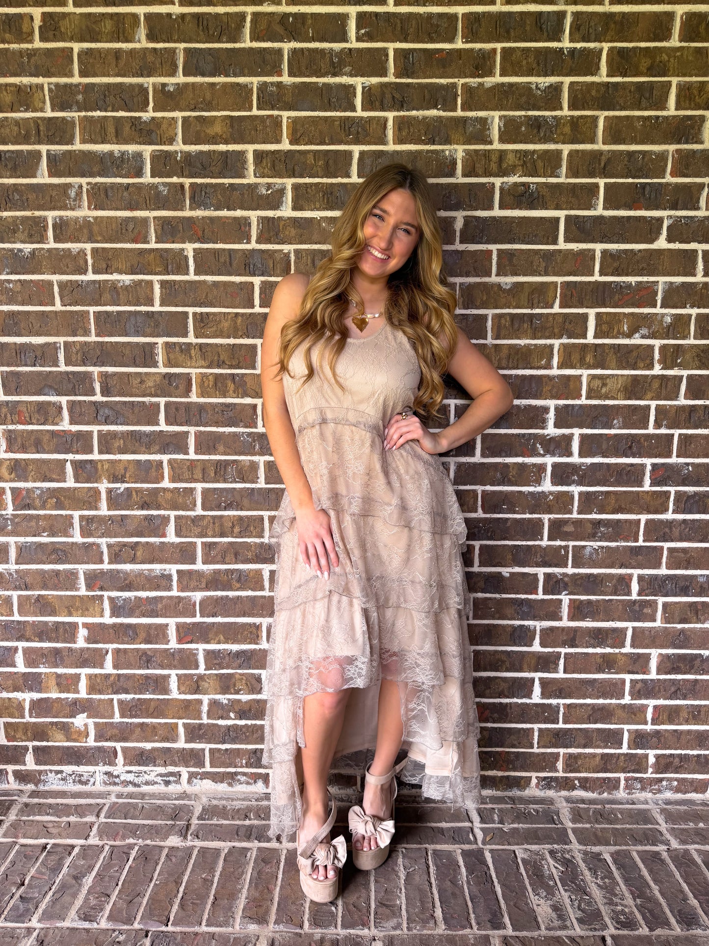Taupe Lace Tiered Midi Dress