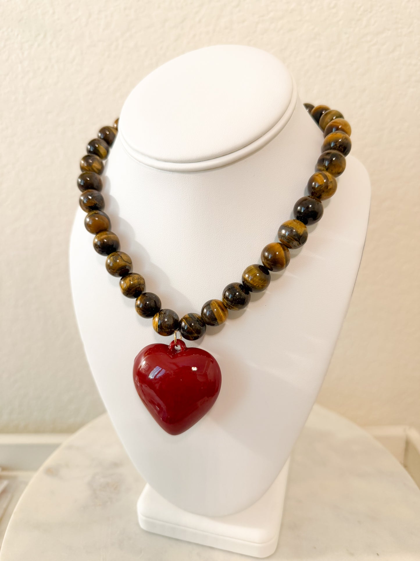 Tiger’s Eye Beaded Necklace with Red Heart Pendant